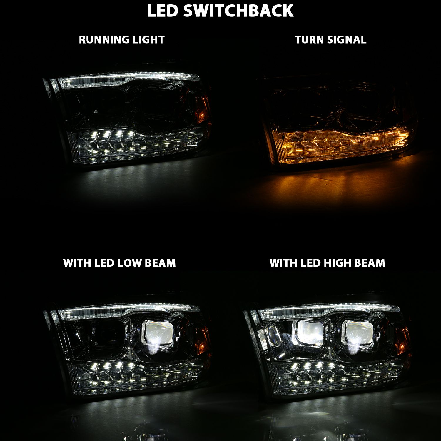 2009-2018 DODGE RAM 1500 /2010-2018 RAM 2500/3500 DUAL LED PROJECTOR SWITCHBACK HEADLIGHTS CHROME (FOR ALL MODELS)
