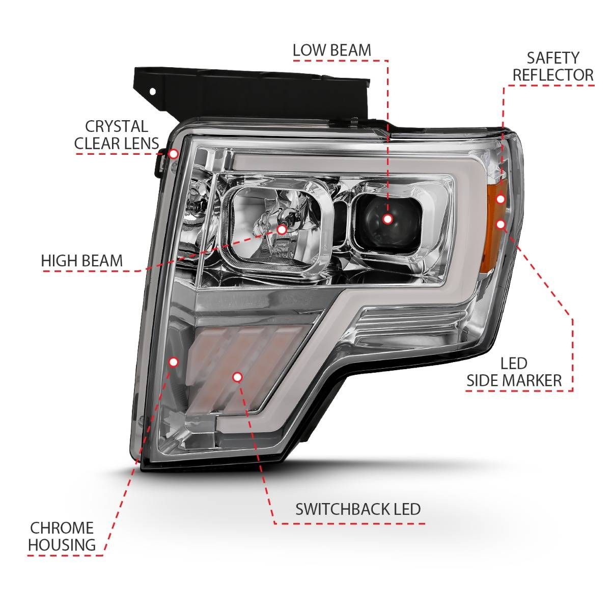2009-2014 FORD F-150 PROJECTOR PLANK STYLE HEADLIGHT CHROME W/ SWITCHBACK SIGNAL (FOR HALOGEN MODEL)