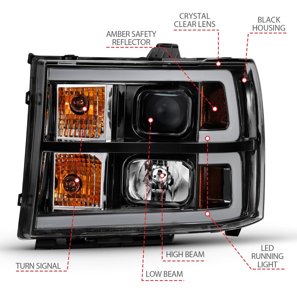 2007-2013 GMC SIERRA 1500/ 2007-2014 2500/3500 HD PROJECTOR HEADLIGHT PLANK STYLE BLACK