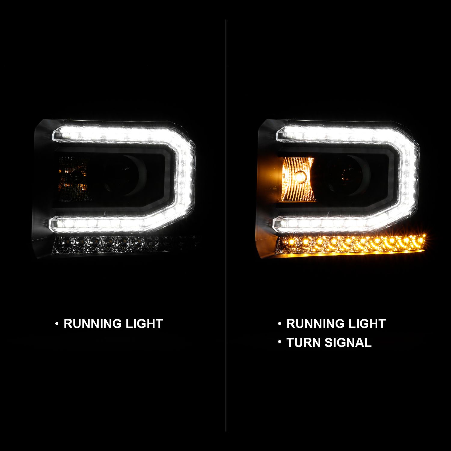 2016-2019 GMC SIERRA 1500 PROJECTOR HEADLIGHT PLANK STYLE BLACK W/ SEQUENTIAL AMBER SIGNAL (FOR HID, NO HID KIT)