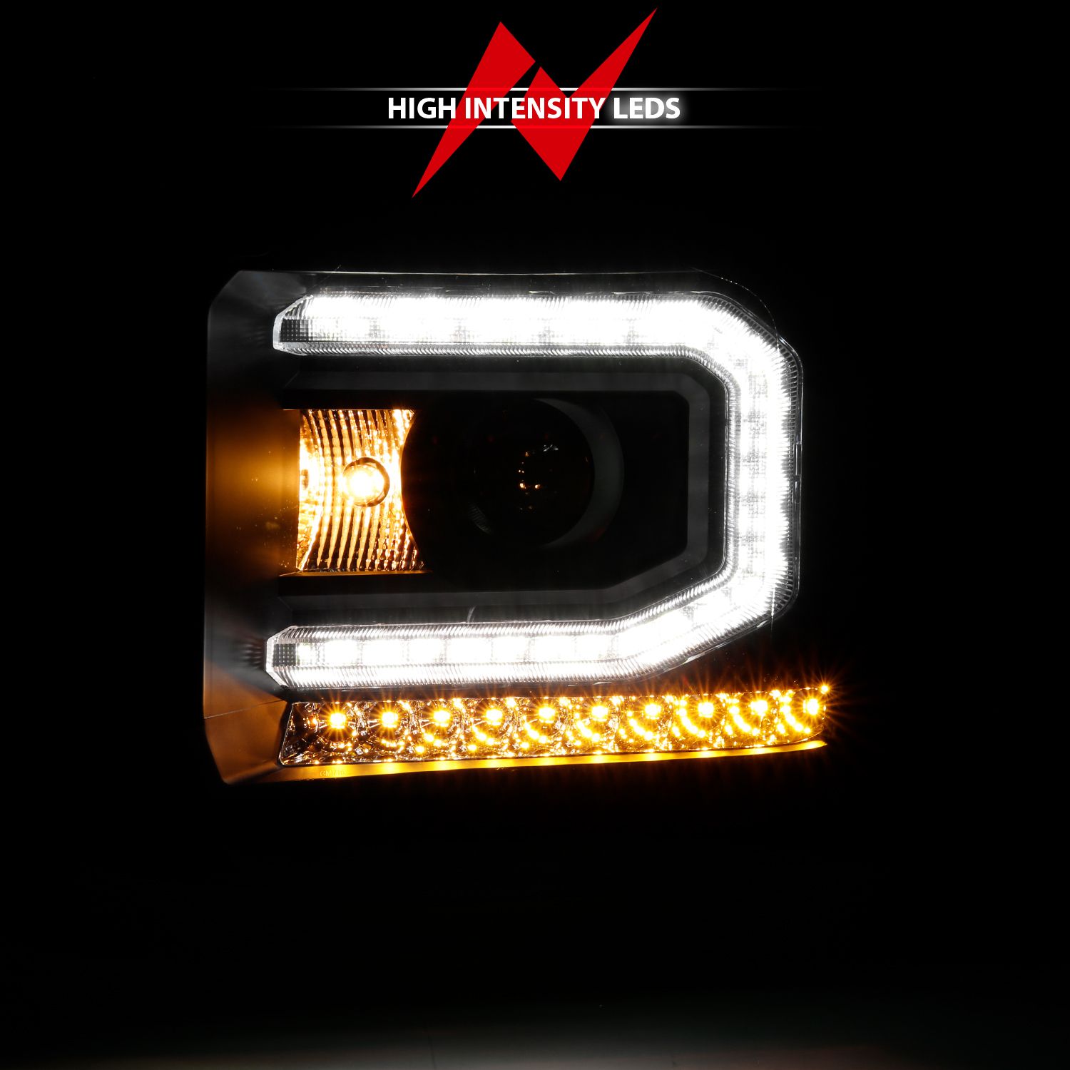 2016-2019 GMC SIERRA 1500 PROJECTOR HEADLIGHT PLANK STYLE BLACK W/ SEQUENTIAL AMBER SIGNAL (FOR HID, NO HID KIT)