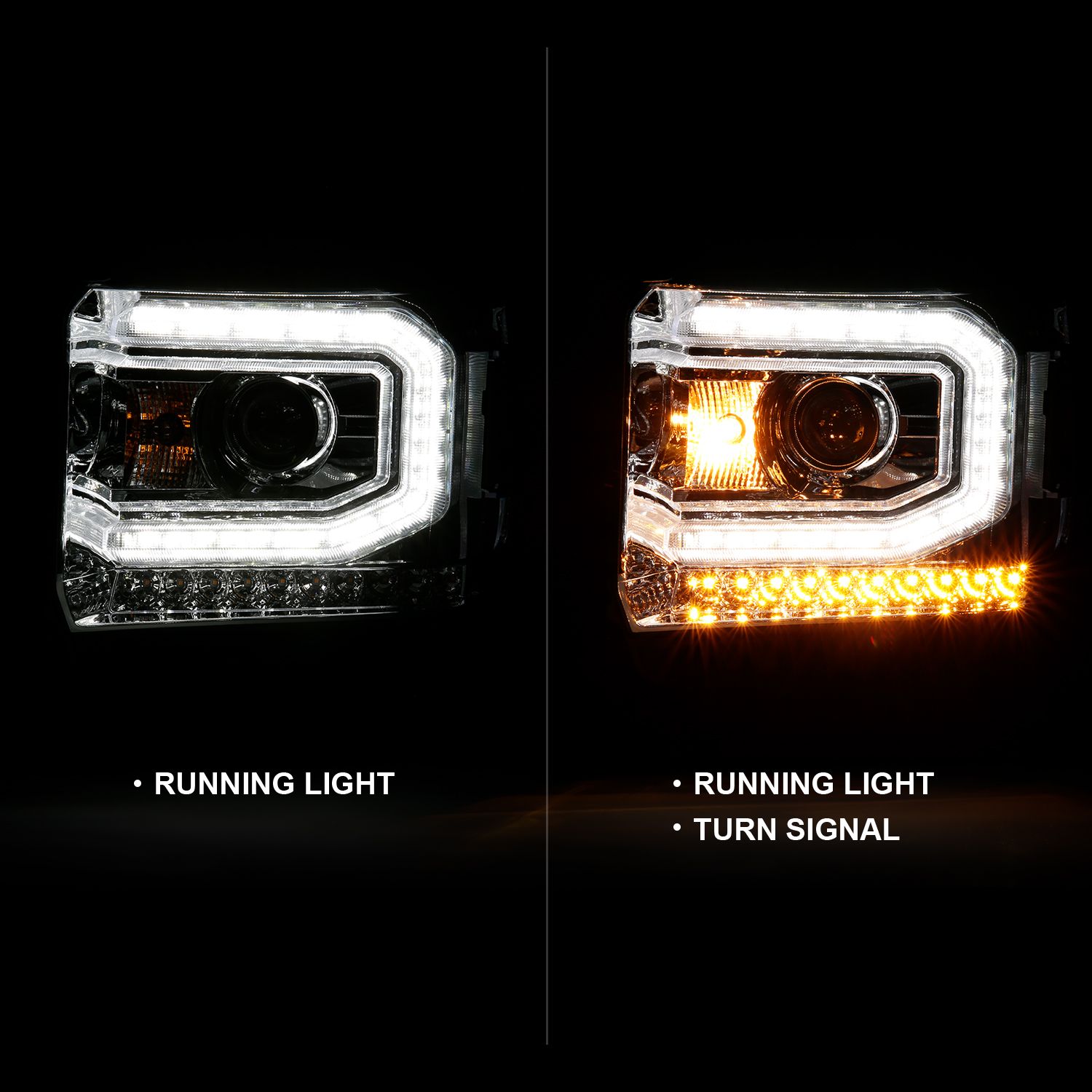 2016-2019 GMC SIERRA 1500 PROJECTOR HEADLIGHT PLANK STYLE CHROME W/ SEQUENTIAL AMBER SIGNAL (FOR HID, NO HID KIT)