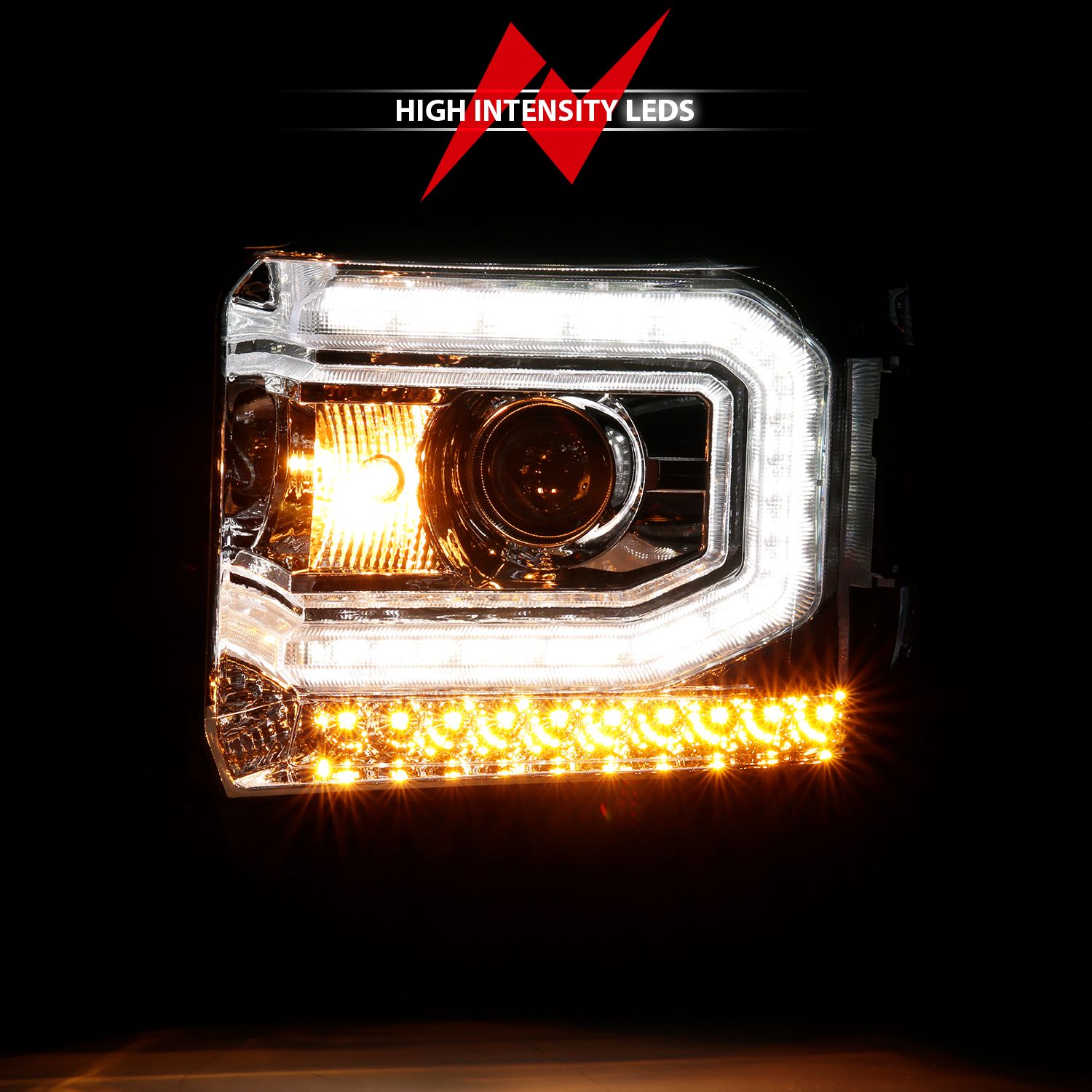 2016-2019 GMC SIERRA 1500 PROJECTOR HEADLIGHT PLANK STYLE CHROME W/ SEQUENTIAL AMBER SIGNAL (FOR HID, NO HID KIT)
