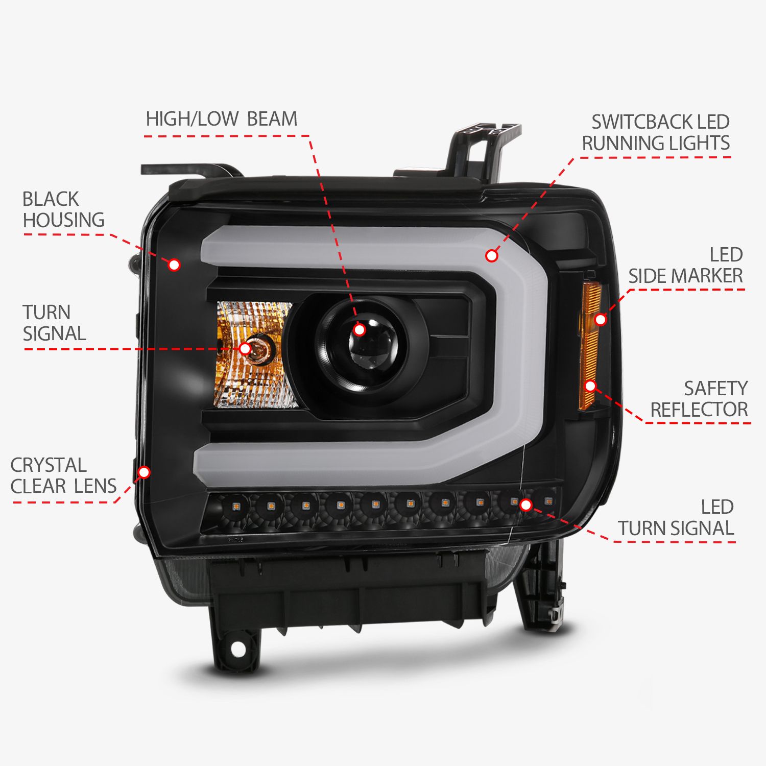 2014-2015 GMC SIERRA 1500/ 2015-2019 2500HD/3500HD PROJECTOR WITH SWITCHBACK C LIGHT BAR (HALOGEN TYPE MODEL WITH OUT FACTORY LED DRL)
