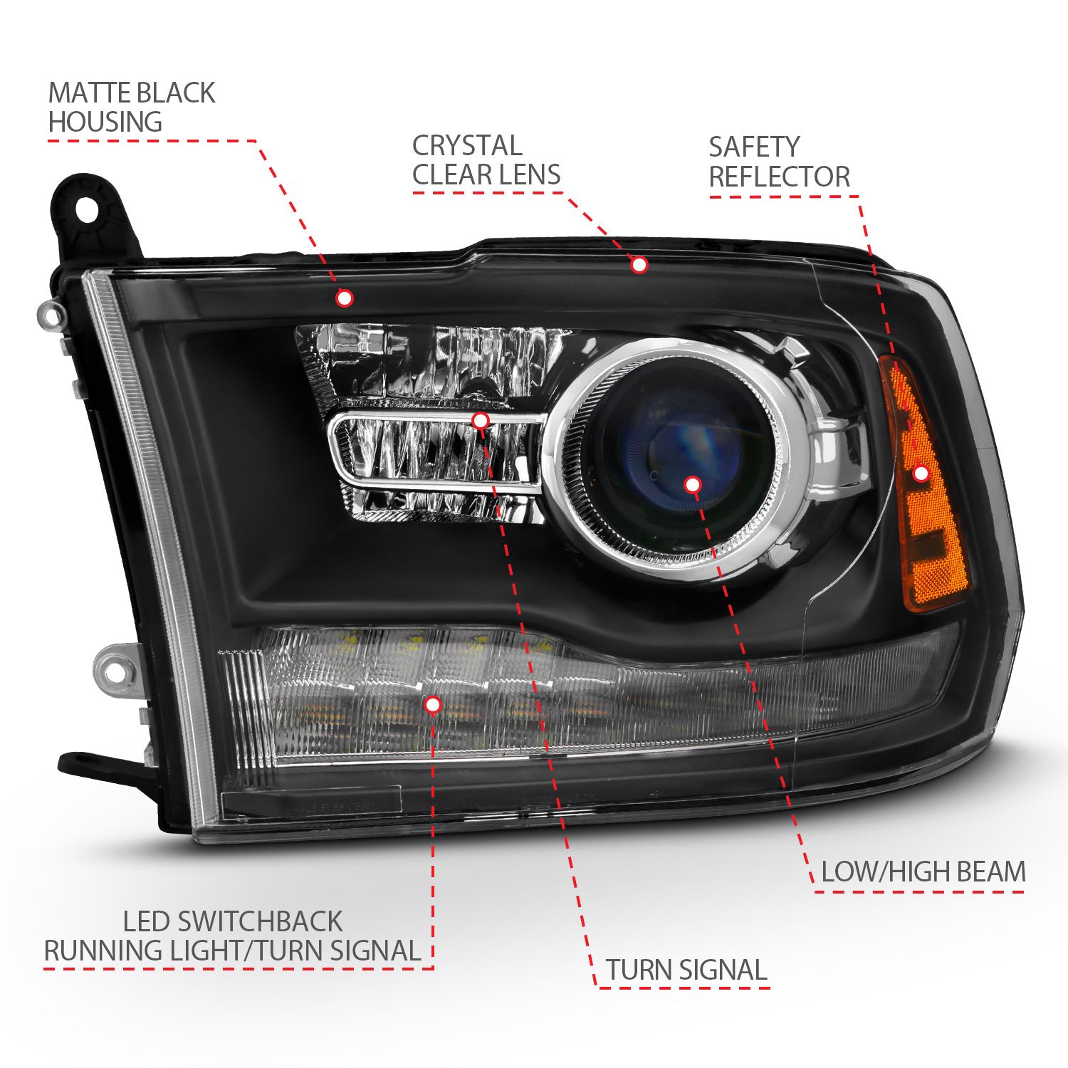 2009-2022 DODGE RAM 1500/ 2010-2018 RAM 2500/3500 PROJECTOR PLANK STYLE SWITCHBACK HEADLIGHTS BLACK AMBER (OE STYLE) (MATTE BLACK) (FOR ALL MODELS)