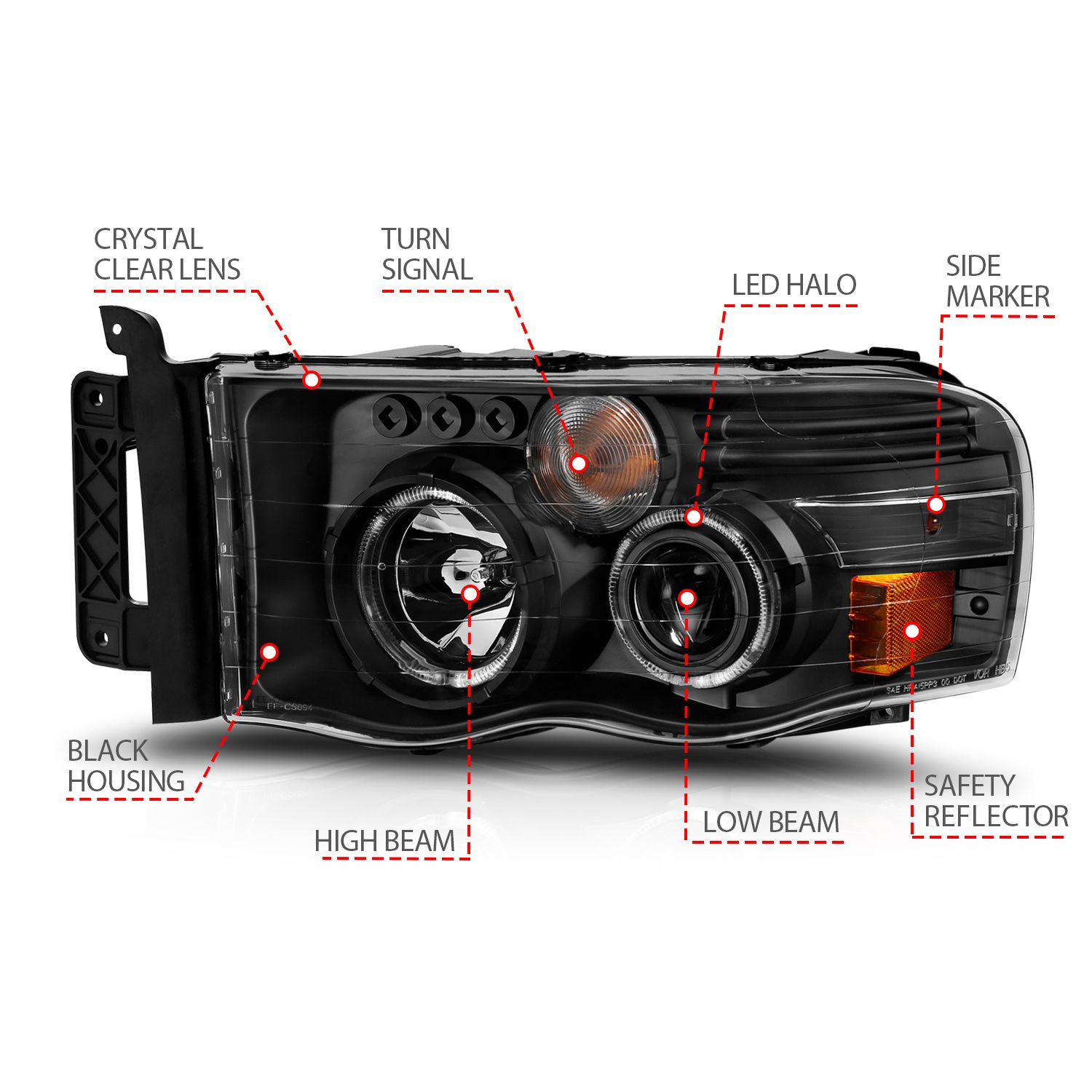 2002-2005 DODGE RAM 1500/ 2003-2005 RAM 2500/3500 PROJECTOR HALO HEADLIGHTS BLACK CLEAR
