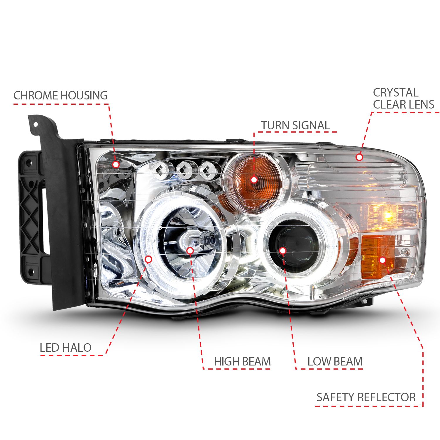 2002-2005 DODGE RAM 1500/ 2003-2005 2500/3500 PROJECTOR HALO HEADLIGHTS CHROME CLEAR