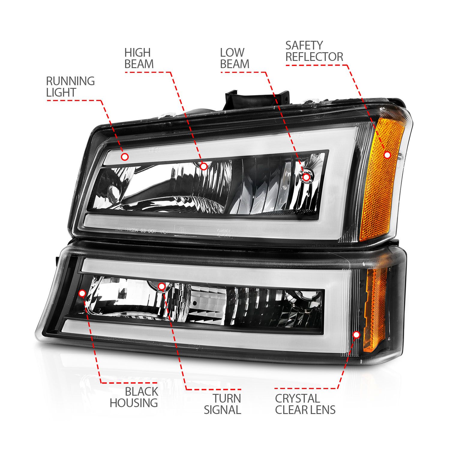 2003-2006 CHEVY SILVERADO / 2007 CLASSIC LED PLANK CRYSTAL HEADLIGHTS WITH PARKING/SIGNAL LIGHT BLACK(4 PCS)