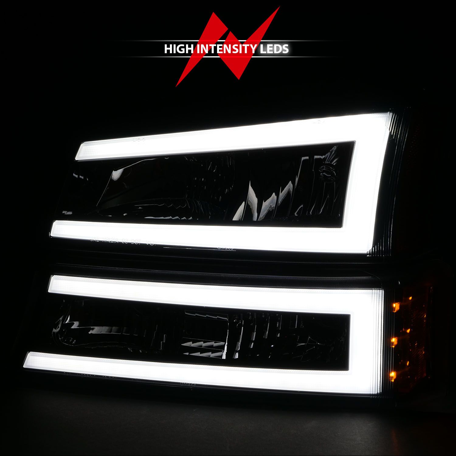 2003-2006 CHEVY SILVERADO / 2007 CLASSIC LED PLANK CRYSTAL HEADLIGHTS WITH PARKING/SIGNAL LIGHT BLACK(4 PCS)