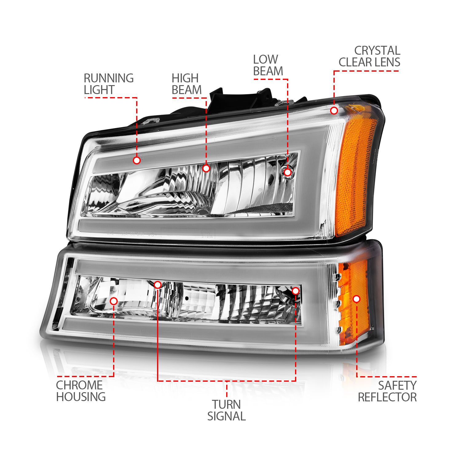 2003-2006 CHEVY SILVERADO / 2007 CLASSIC LED PLANK CRYSTAL HEADLIGHTS WITH PARKING/SIGNAL LIGHT CHROME(4 PCS)
