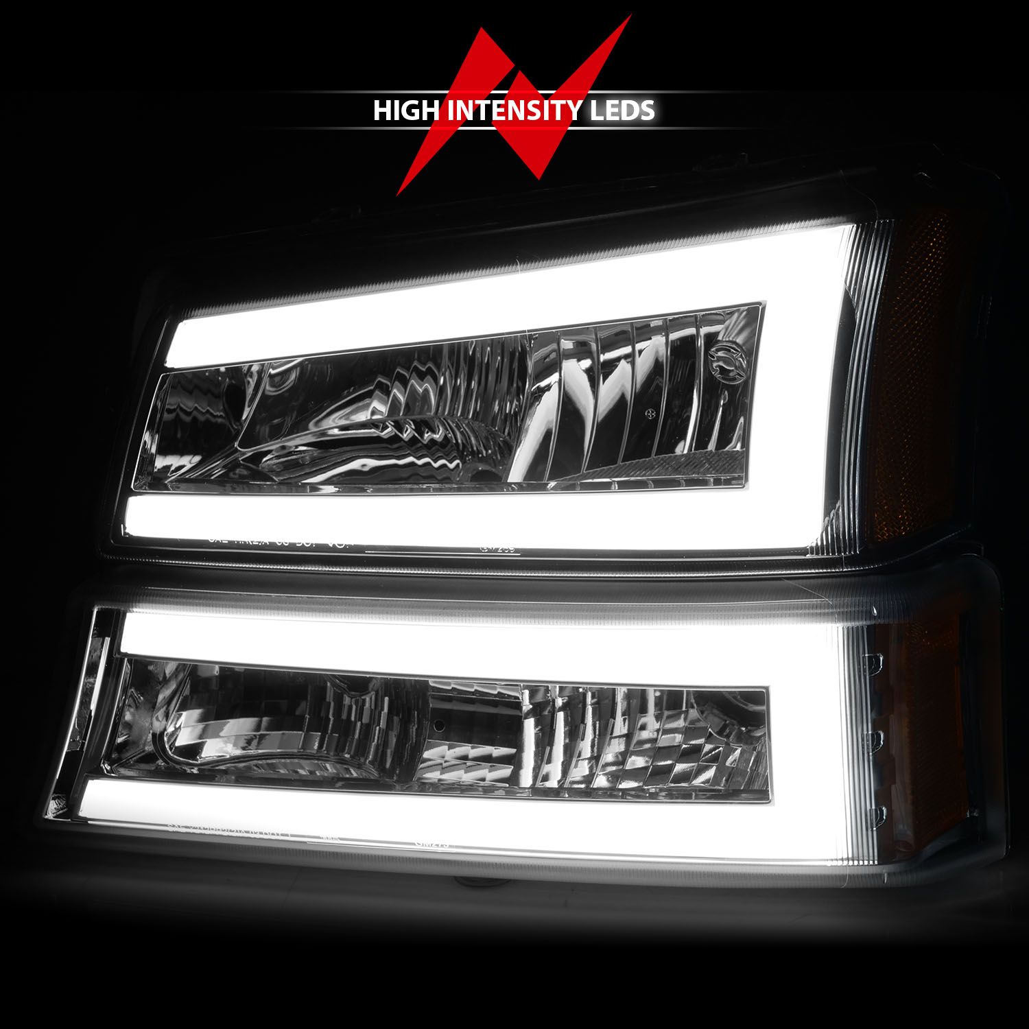 2003-2006 CHEVY SILVERADO / 2007 CLASSIC LED PLANK CRYSTAL HEADLIGHTS WITH PARKING/SIGNAL LIGHT CHROME(4 PCS)