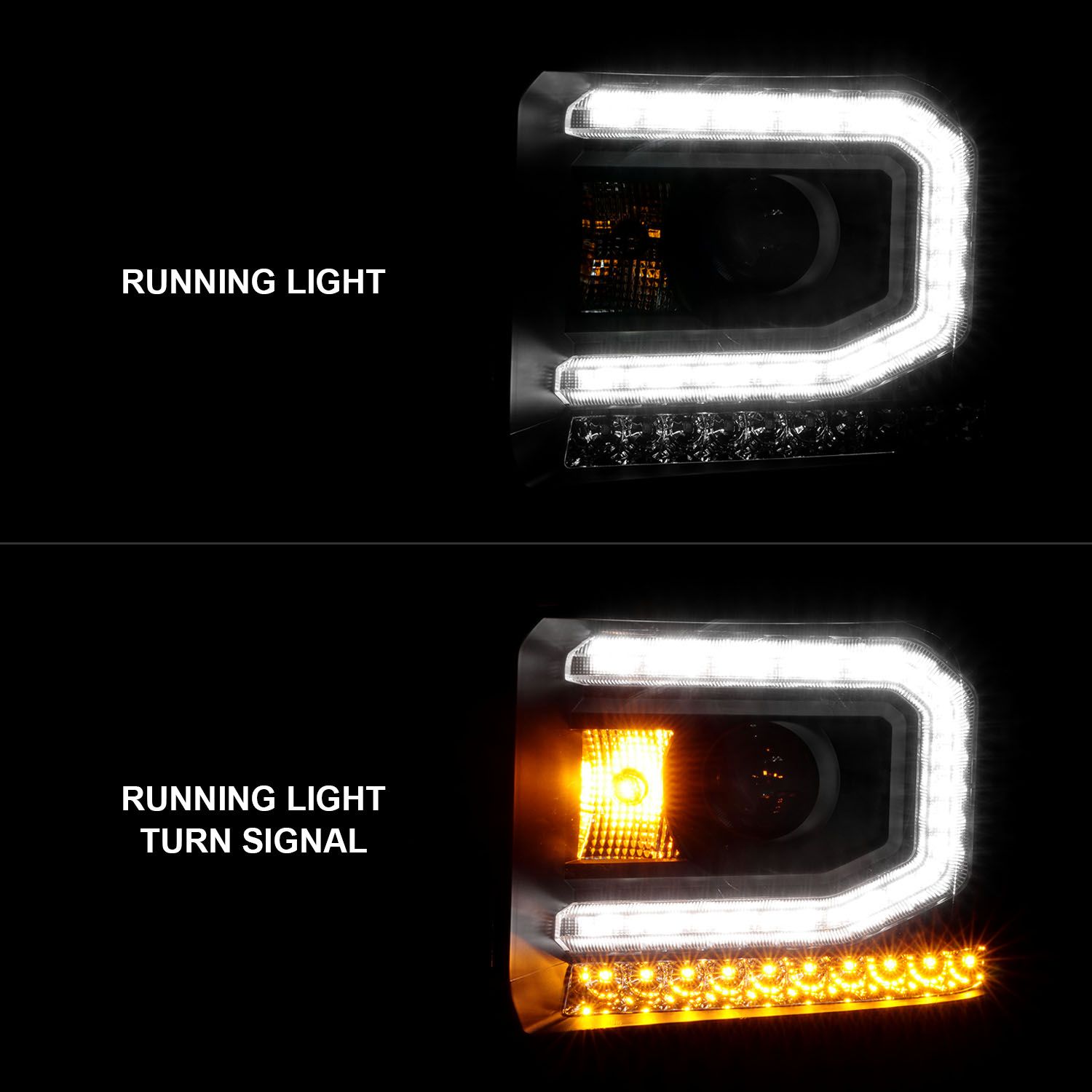 2014-2015 GMC SIERRA 1500/ 2015-2019 2500HD/3500HD PROJECTOR HEADLIGHTS LIGHT BAR BLACK (HALOGEN TYPE MODEL WITH FACTORY LED DRL)