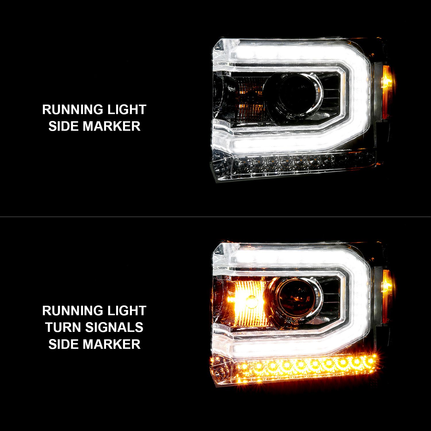 2014-2015 GMC SIERRA 1500/ 2015-2019 2500HD/3500HD PROJECTOR HEADLIGHTS LIGHT BAR CHROME (HALOGEN TYPE MODEL WITH FACTORY LED DRL)
