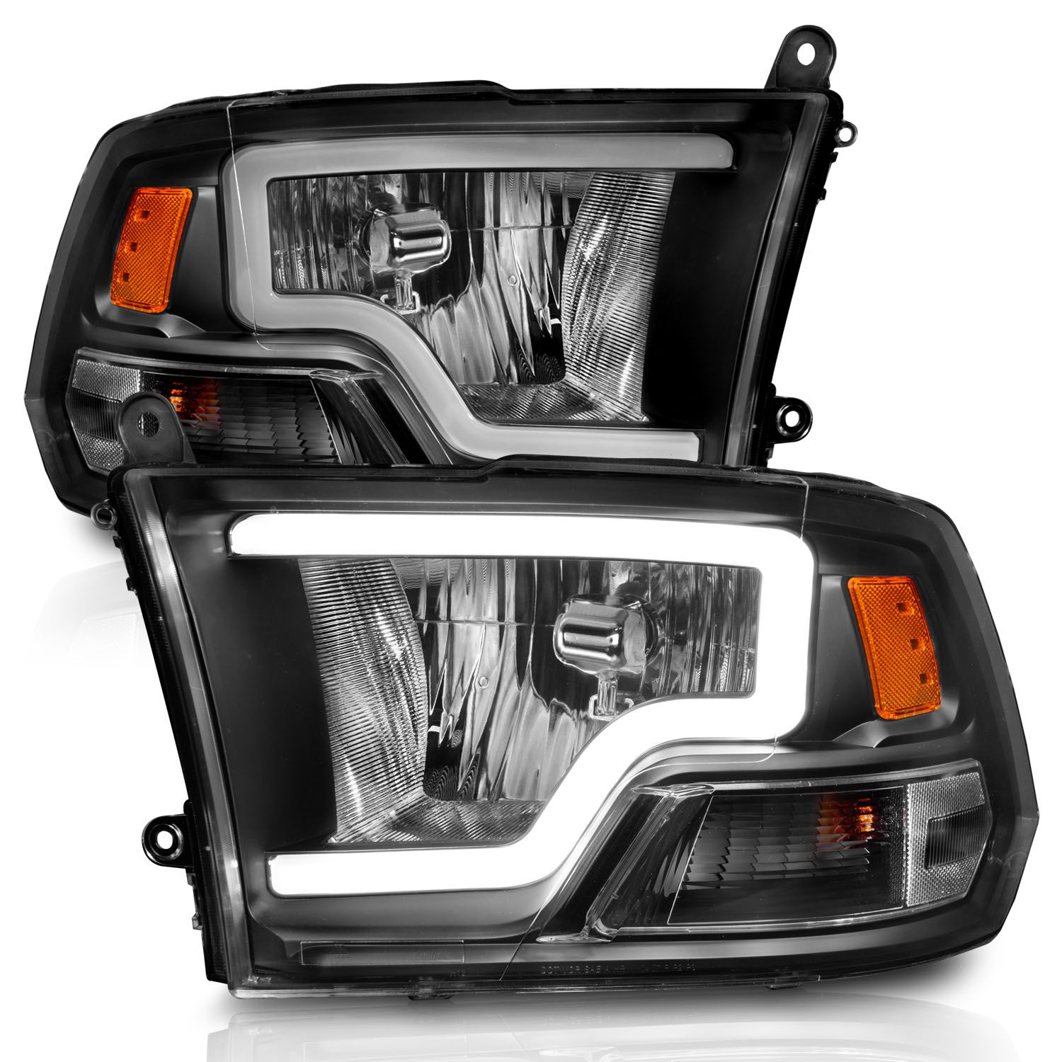 2009-2018 DODGE RAM 1500/ 2010-2018 RAM 2500/3500 HALOGEN HEADLIGHTS BLACK W/ C LIGHT BAR (FOR DUAL LIGHT MODELS)