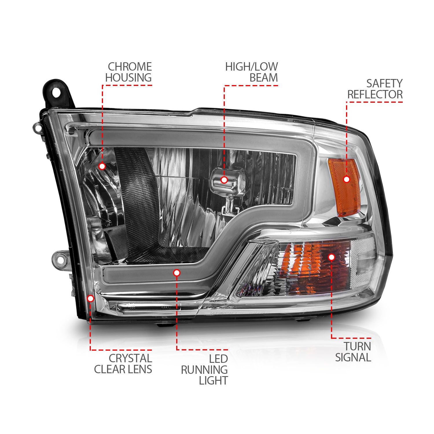 2009-2018 DODGE RAM 1500/ 2010-2018 RAM 2500/3500 HALOGEN HEADLIGHTS CHROME W/ C LIGHT BAR (FOR DUAL LIGHT MODELS)