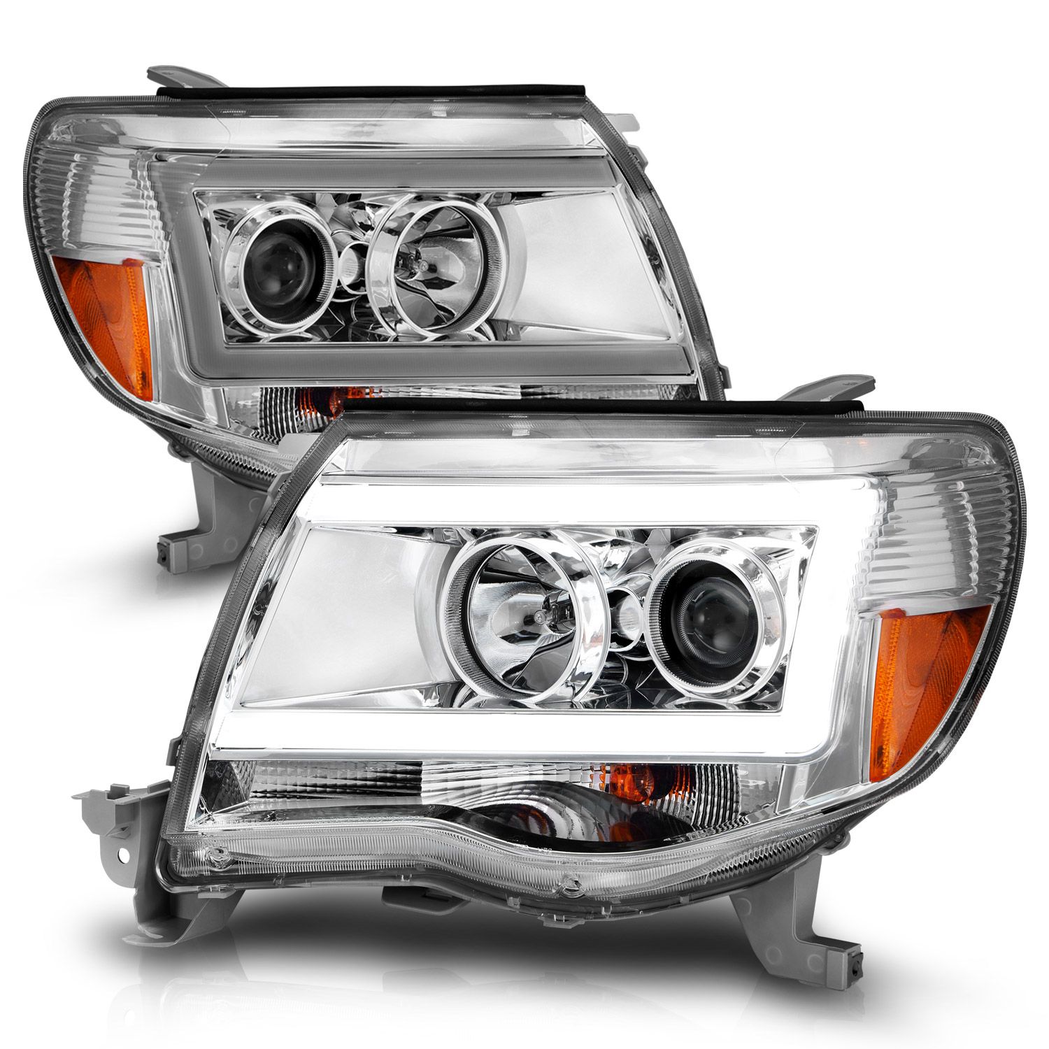 2005-2011 TOYOTA TACOMA PROJECTOR HEADLIGHTS CHROME HOUSING W/ C LIGHT BAR