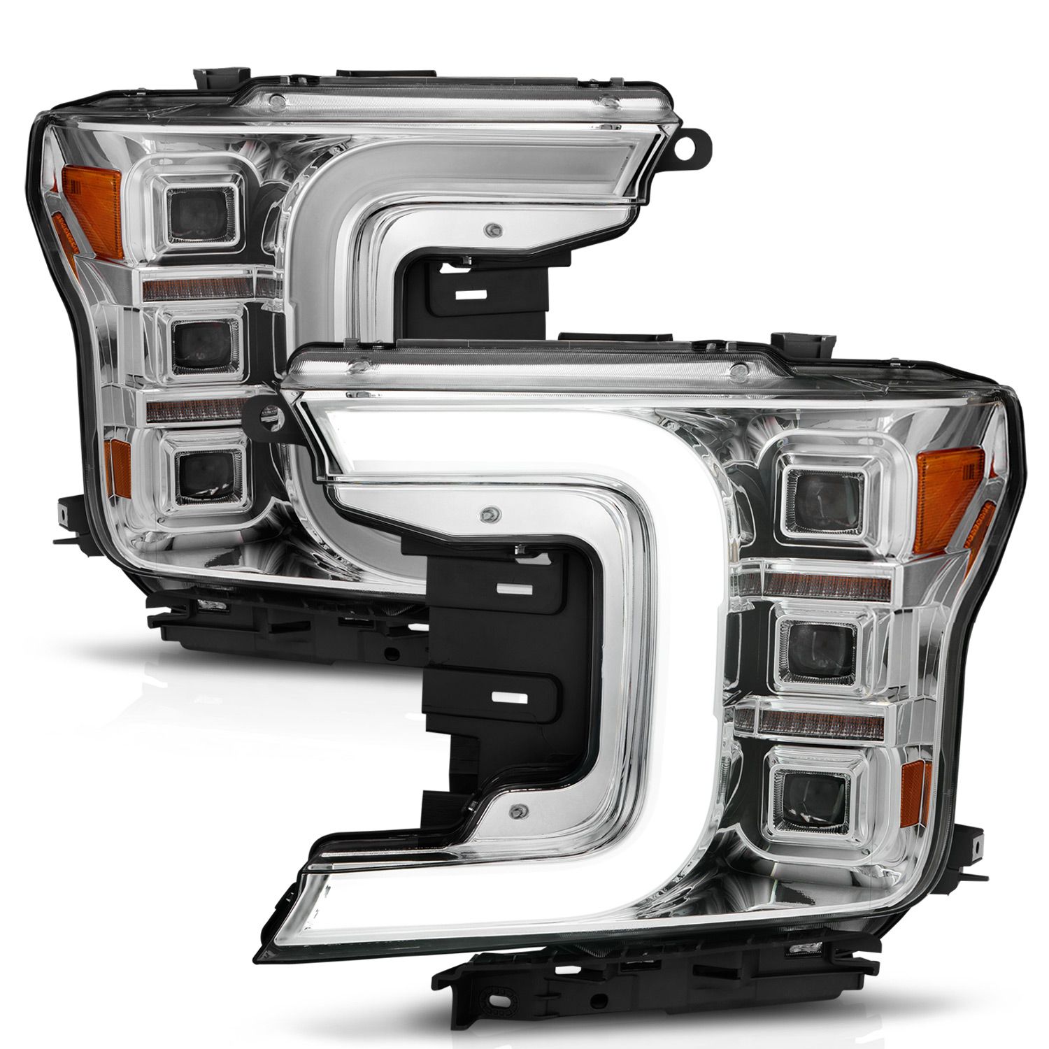 2018-2020 FORD F-150 FULL LED C-BAR PROJECTOR HEADLIGHTS CHROME W/ SEQUENTIAL SIGNAL (FACTORY HALOGEN MODEL)