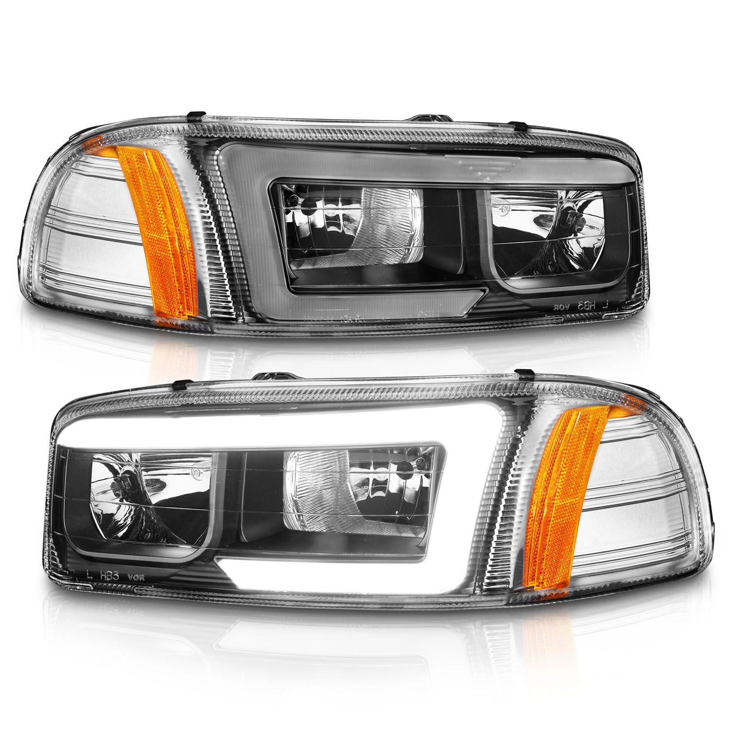 1999-2006 GMC SIERRA/SIERRA DENALI / 2007 SIERRA CLASSIC / 2000-2006 YUKON/YUKON XL/YUKON DENALI CRYSTAL PLANK STYLE HEADLIGHTS BLACK
