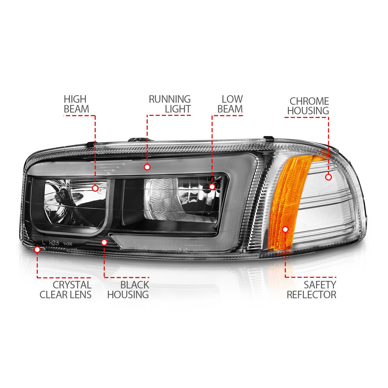 1999-2006 GMC SIERRA/SIERRA DENALI / 2007 SIERRA CLASSIC / 2000-2006 YUKON/YUKON XL/YUKON DENALI CRYSTAL PLANK STYLE HEADLIGHTS BLACK