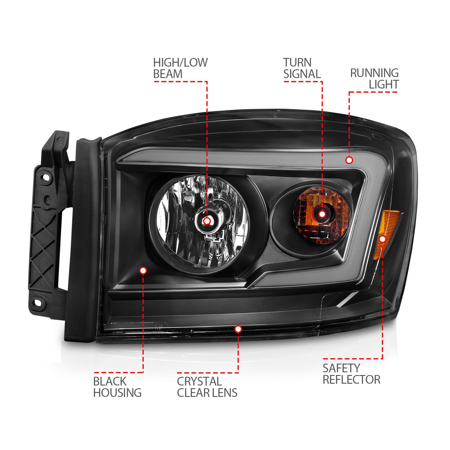 2006-2008 DODGE RAM 1500/2500/3500 CRYSTAL HEADLIGHTS BLACK W/ C LIGHT BAR AMBER