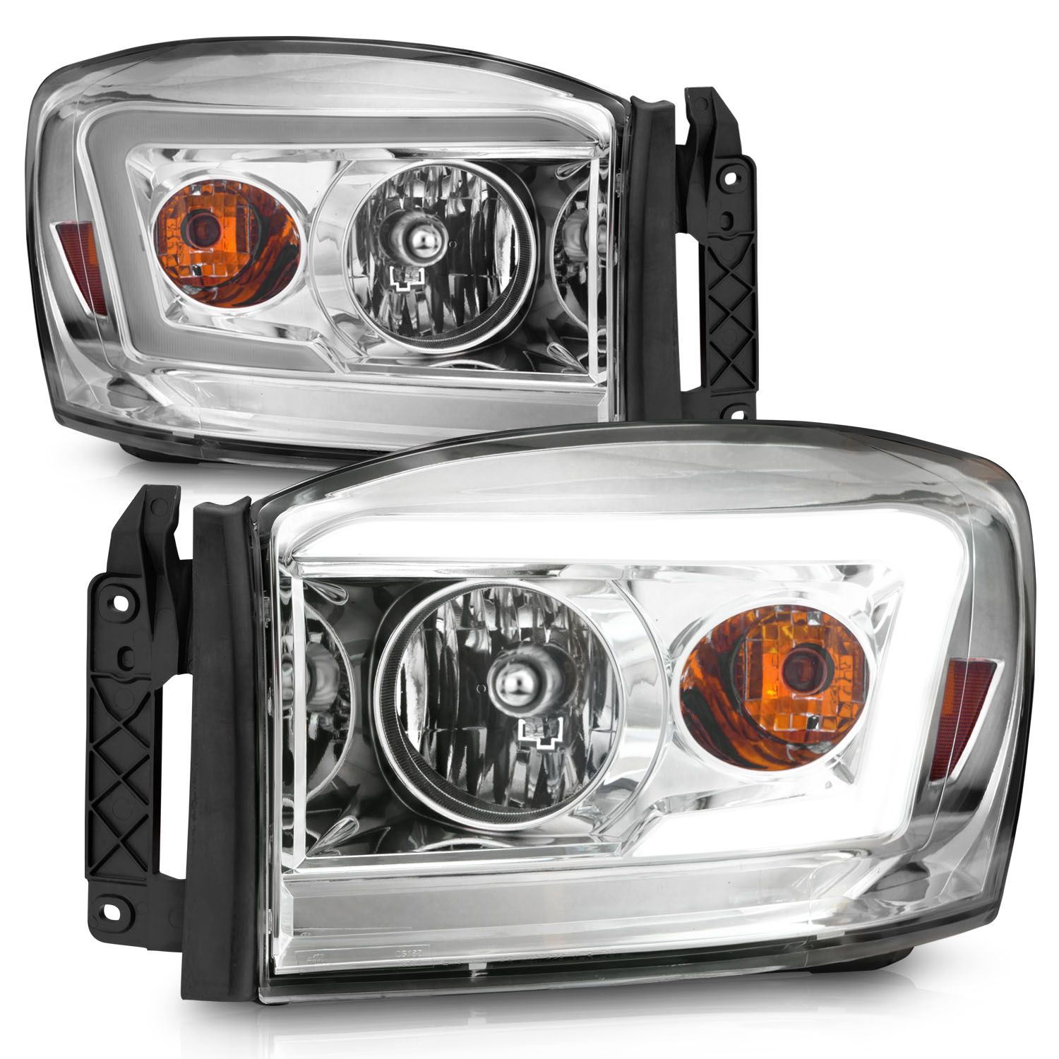 2006-2008 DODGE RAM 1500/2500/3500 CRYSTAL HEADLIGHTS CHROME W/ C LIGHT BAR AMBER