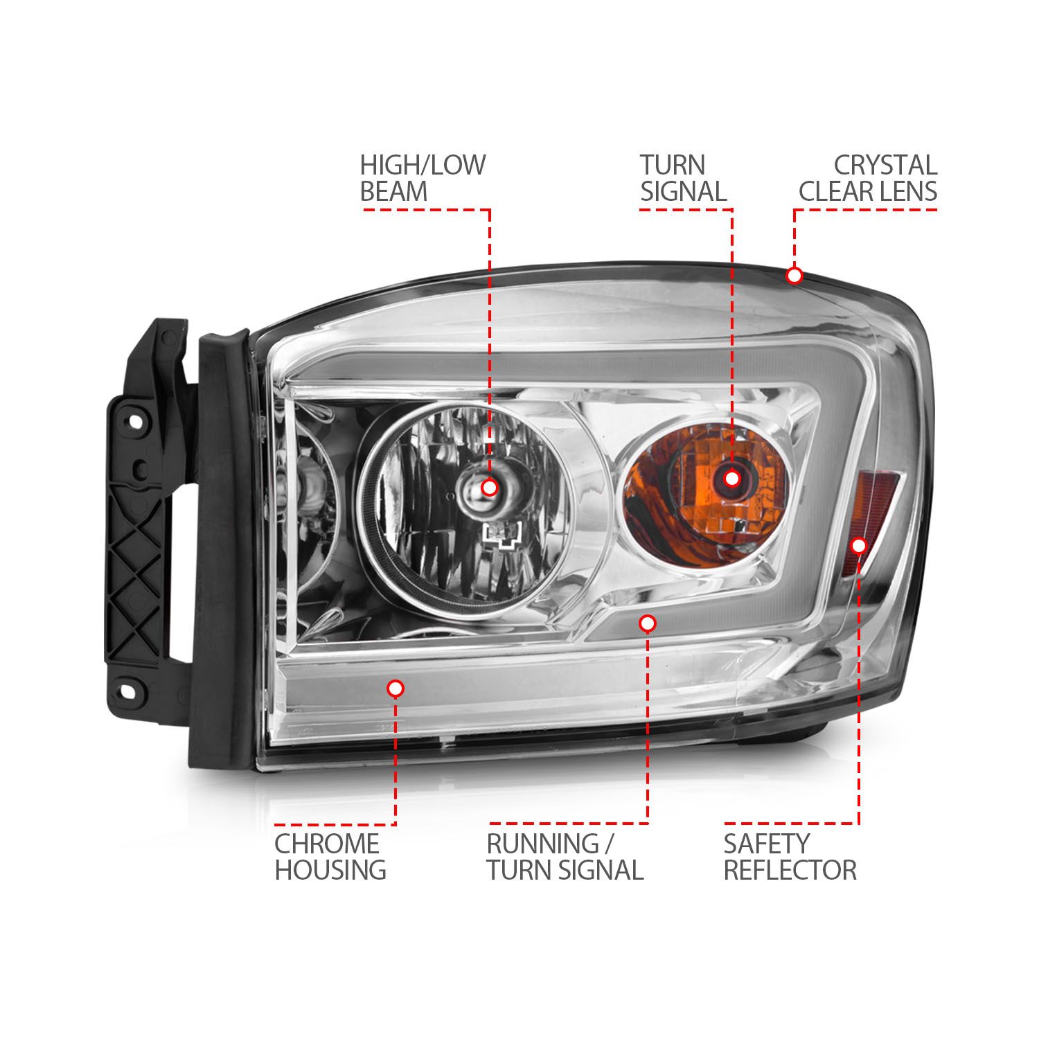 2006-2008 DODGE RAM 1500/2500/3500 CRYSTAL HEADLIGHTS CHROME W/ C LIGHT BAR AMBER
