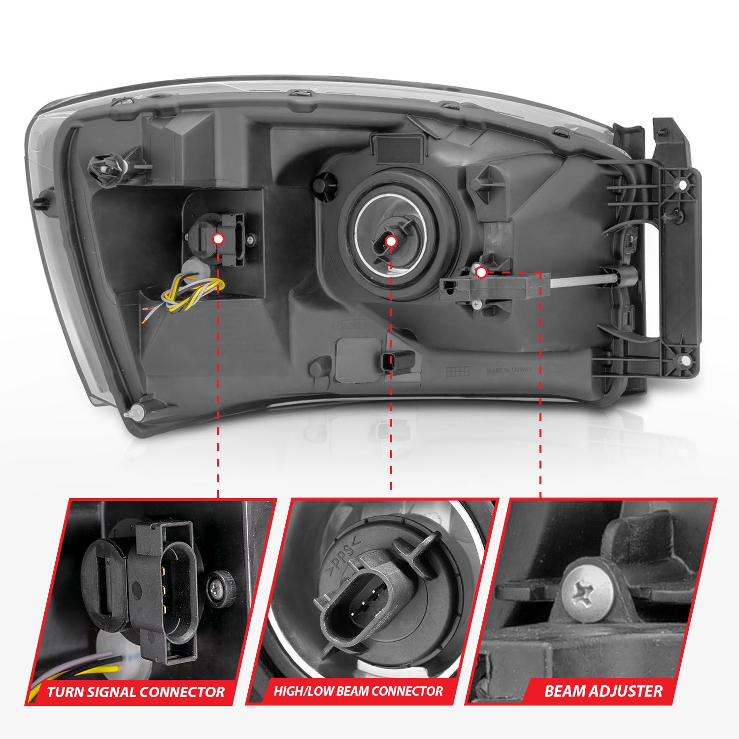 2006-2008 DODGE RAM 1500/2500/3500 SWITCHBACK CRYSTAL HEADLIGHTS BLACK AMBER W/ C LIGHT BAR