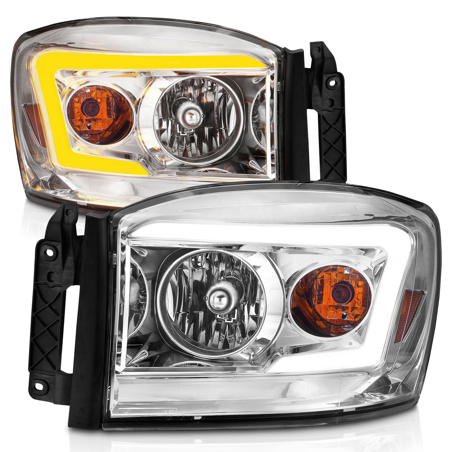 2006-2008 Dodge RAM 1500/2500/3500 SWITCHBACK CRYSTAL HEADLIGHT W/ C LIGHT BAR CHROME CLEAR