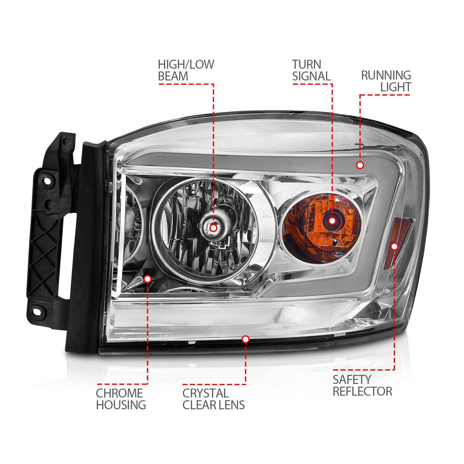 2006-2008 Dodge RAM 1500/2500/3500 SWITCHBACK CRYSTAL HEADLIGHT W/ C LIGHT BAR CHROME CLEAR