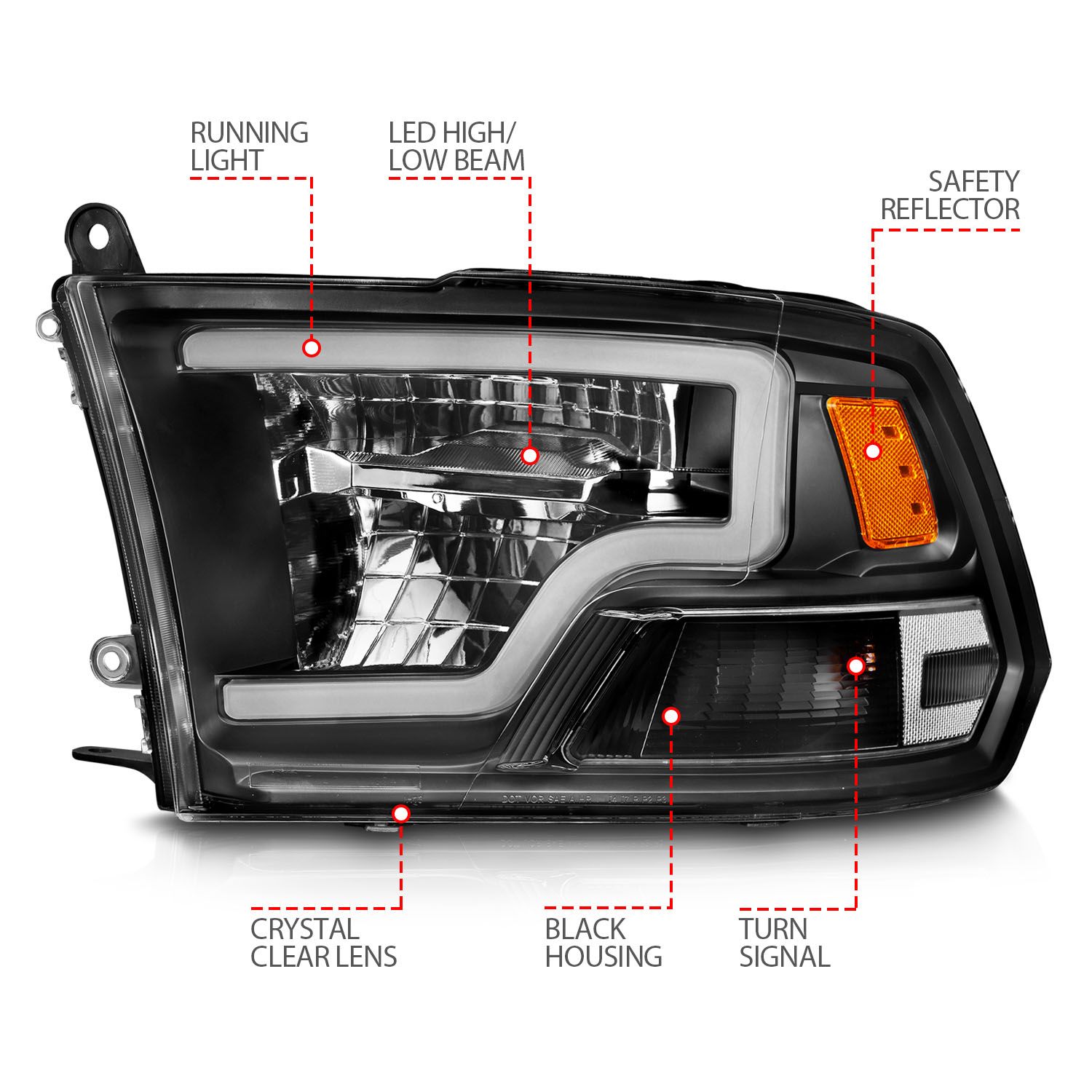 2009-2020 DODGE RAM 1500 / 2010-2018 2500/3500 FULL LED CRYSTAL HEADLIGHTS BLACK W/ C STYLE BAR (FOR NON-PROJECTOR MODELS)