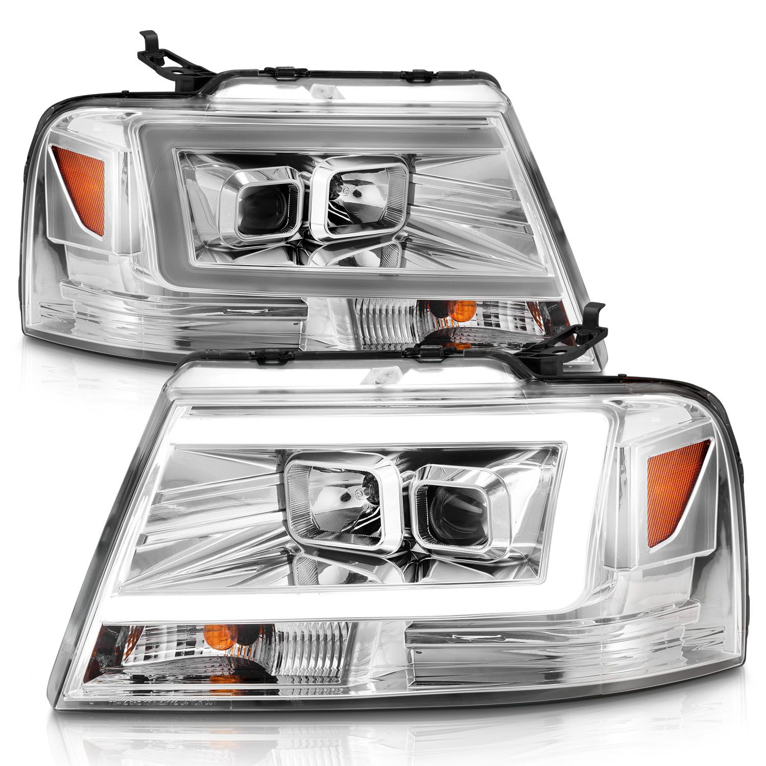 2004-2008 FORD F150 LINCOLN MARK LT 06-07 PROJECTOR HEADLIGHTS CHROME W/ C LIGHTS BAR