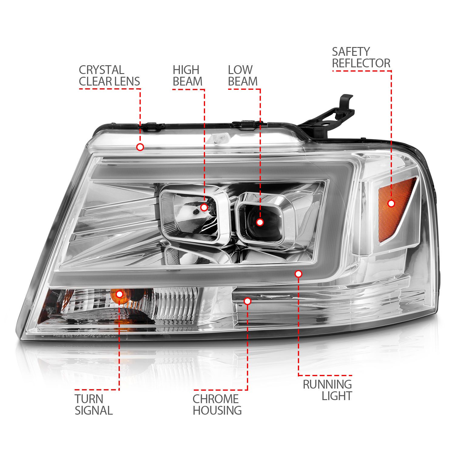 2004-2008 FORD F150 LINCOLN MARK LT 06-07 PROJECTOR HEADLIGHTS CHROME W/ C LIGHTS BAR