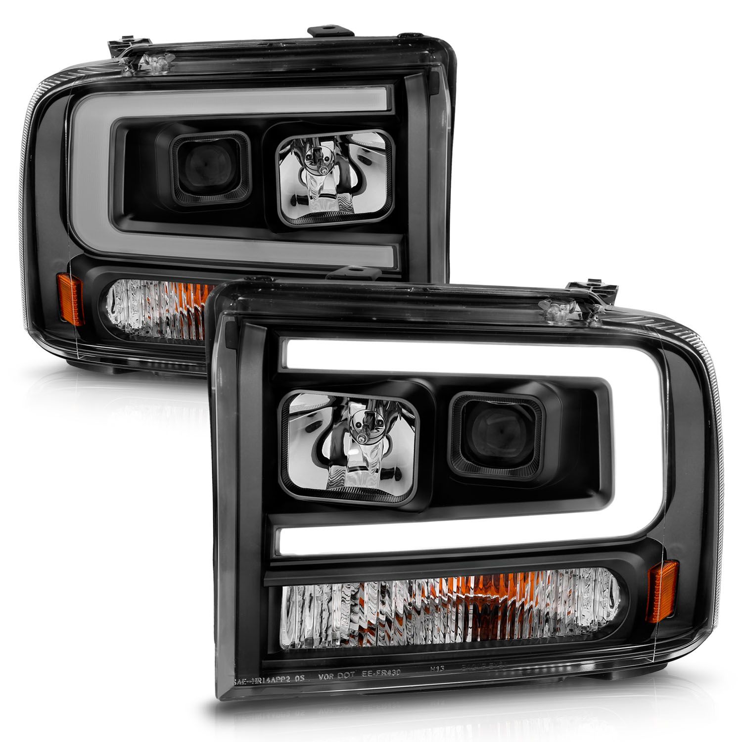 2005-2007 FORD F-250/350/450/550 SUPER DUTY/ PLANK STYLE PROJECTOR HEADLIGHTS BLACK HOUSING W/ AMBER