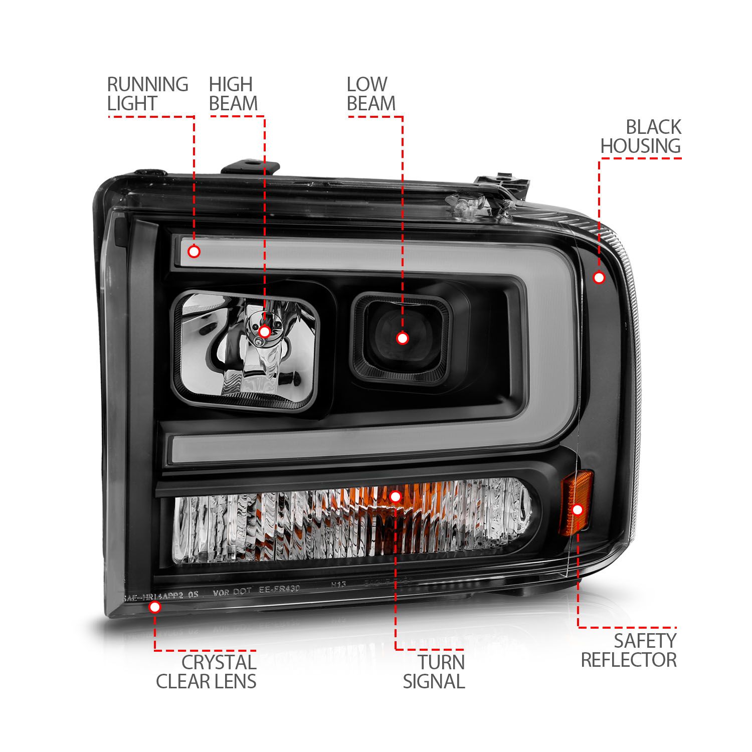 2005-2007 FORD F-250/350/450/550 SUPER DUTY/ PLANK STYLE PROJECTOR HEADLIGHTS BLACK HOUSING W/ AMBER