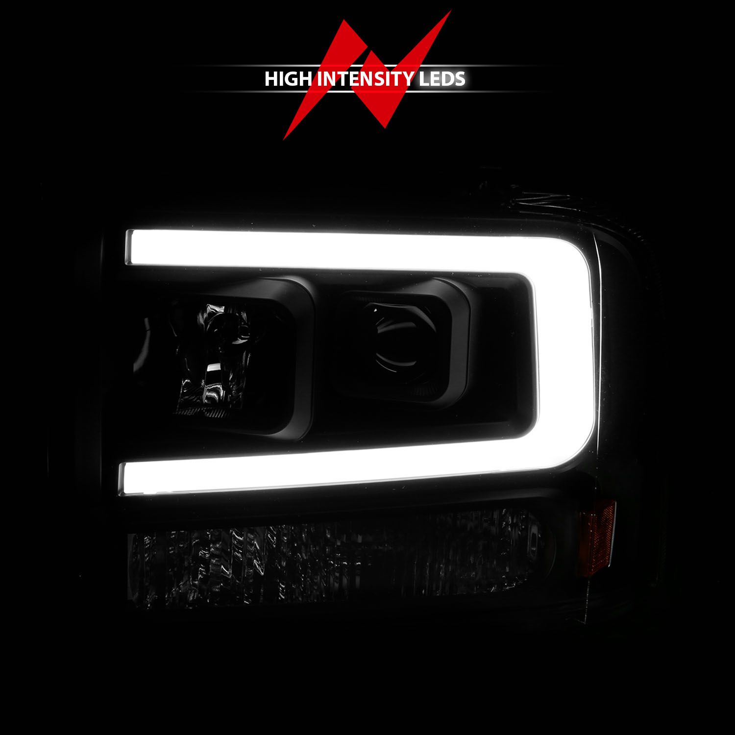 2005-2007 FORD F-250/350/450/550 SUPER DUTY/ PLANK STYLE PROJECTOR HEADLIGHTS BLACK HOUSING W/ AMBER