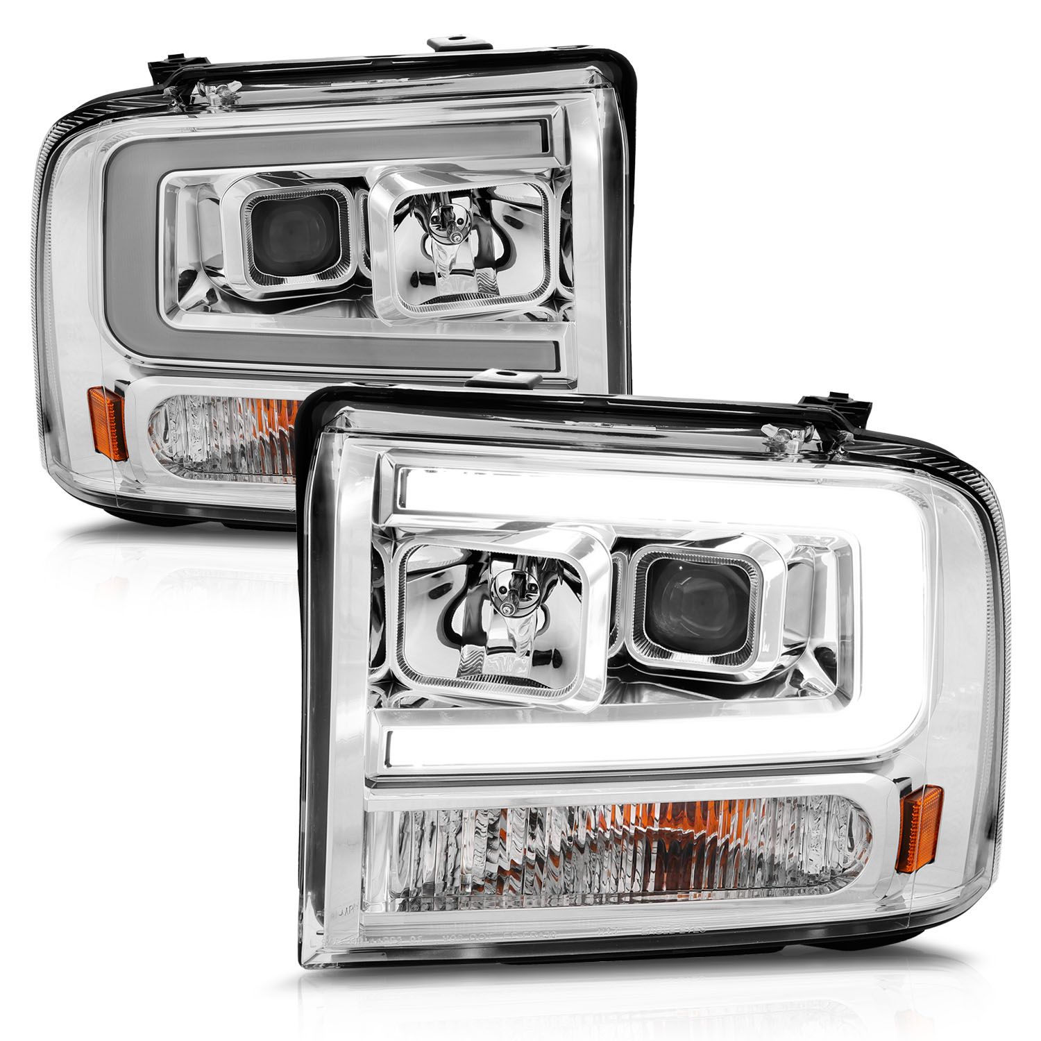 2005-2007 FORD F-250/350/450/550 SUPER DUTY PLANK STYLE PROJECTOR HEADLIGHTS CHROME HOUSING WITH AMBER