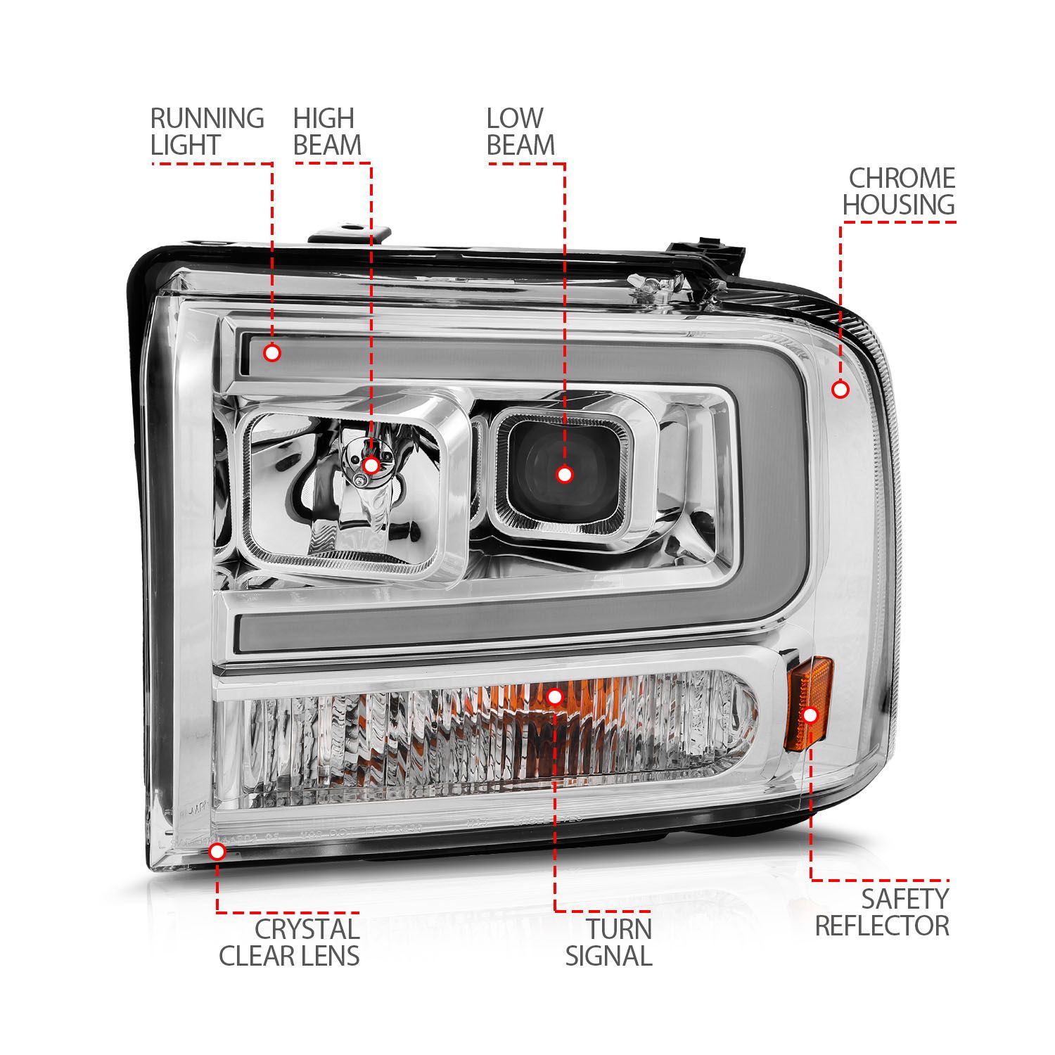 2005-2007 FORD F-250/350/450/550 SUPER DUTY PLANK STYLE PROJECTOR HEADLIGHTS CHROME HOUSING WITH AMBER