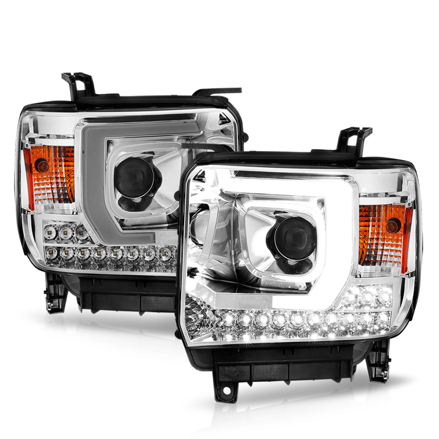 2014-2015 GMC SIERRA 1500/ 2015-2019 2500HD/3500HD PROJECTOR HEADLIGHTS W/ C BAR CHROME (FOR HALOGEN MODELS WITH OUT FACTORY LED DRL)