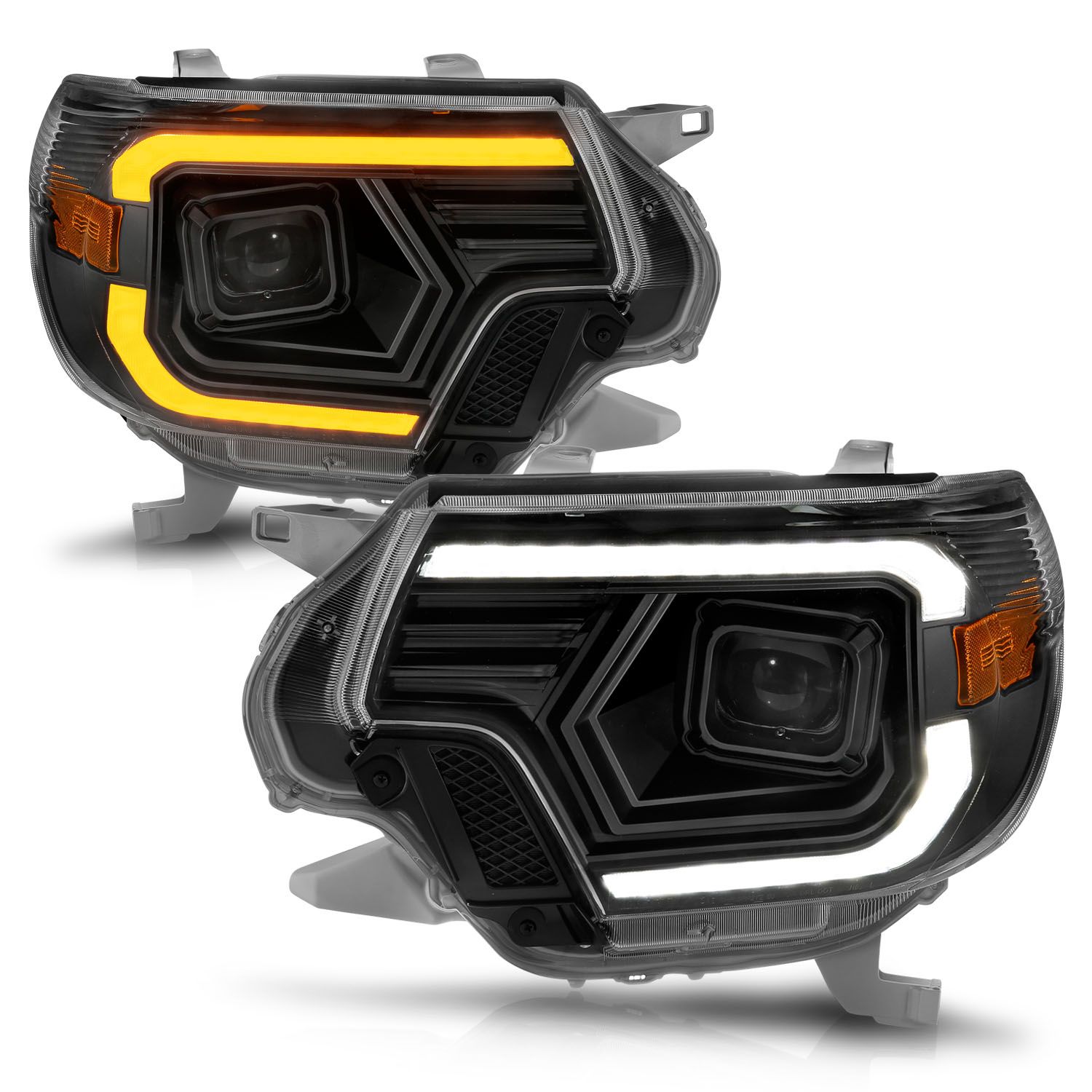 2012-2015 TOYOTA TACOMA PROJECTOR SWITCHBACK HEADLIGHTS BLACK AMBER W/ C LIGHTS BAR