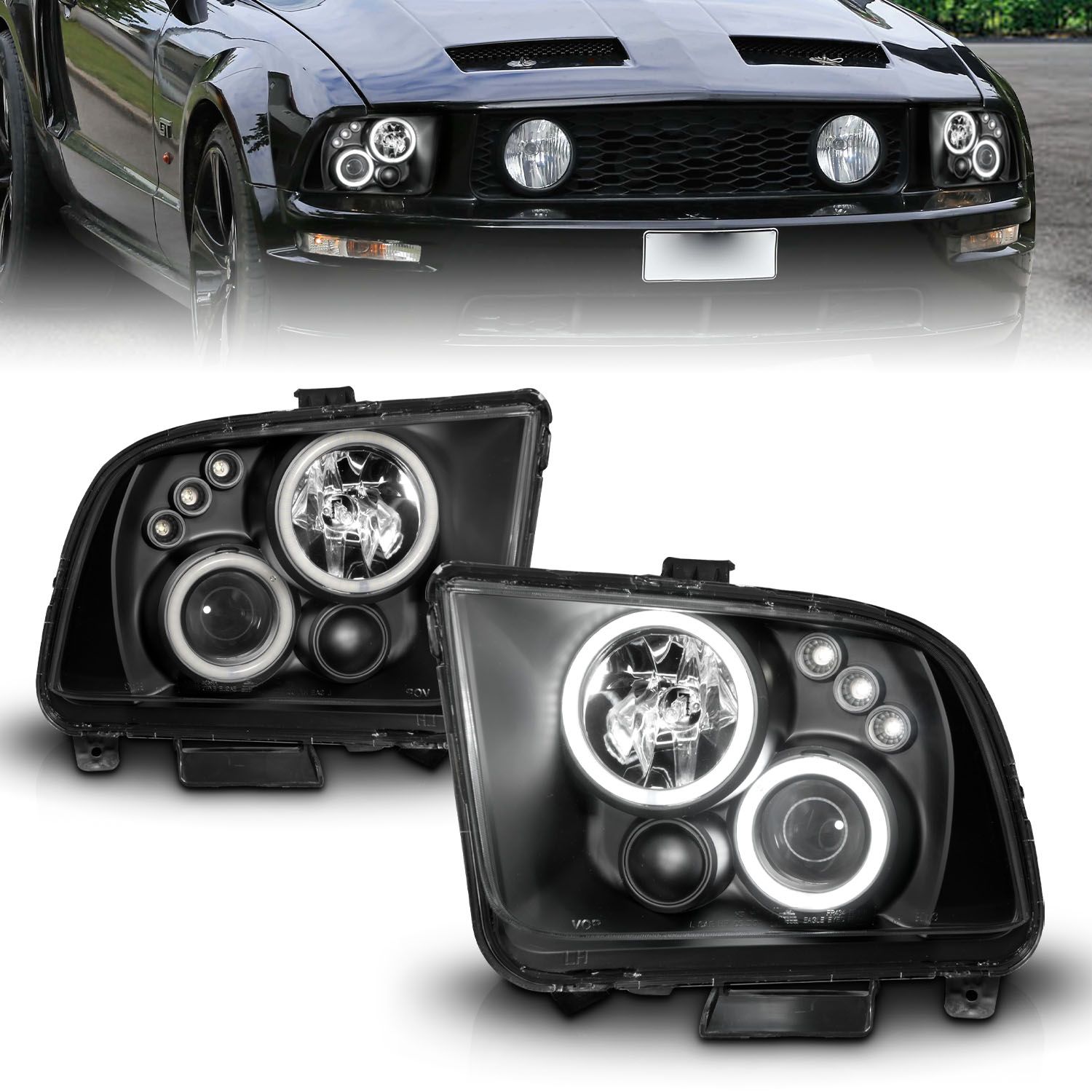 2005-2009 FORD MUSTANG PROJECTOR HEADLIGHTS BLACK W/ RX HALO