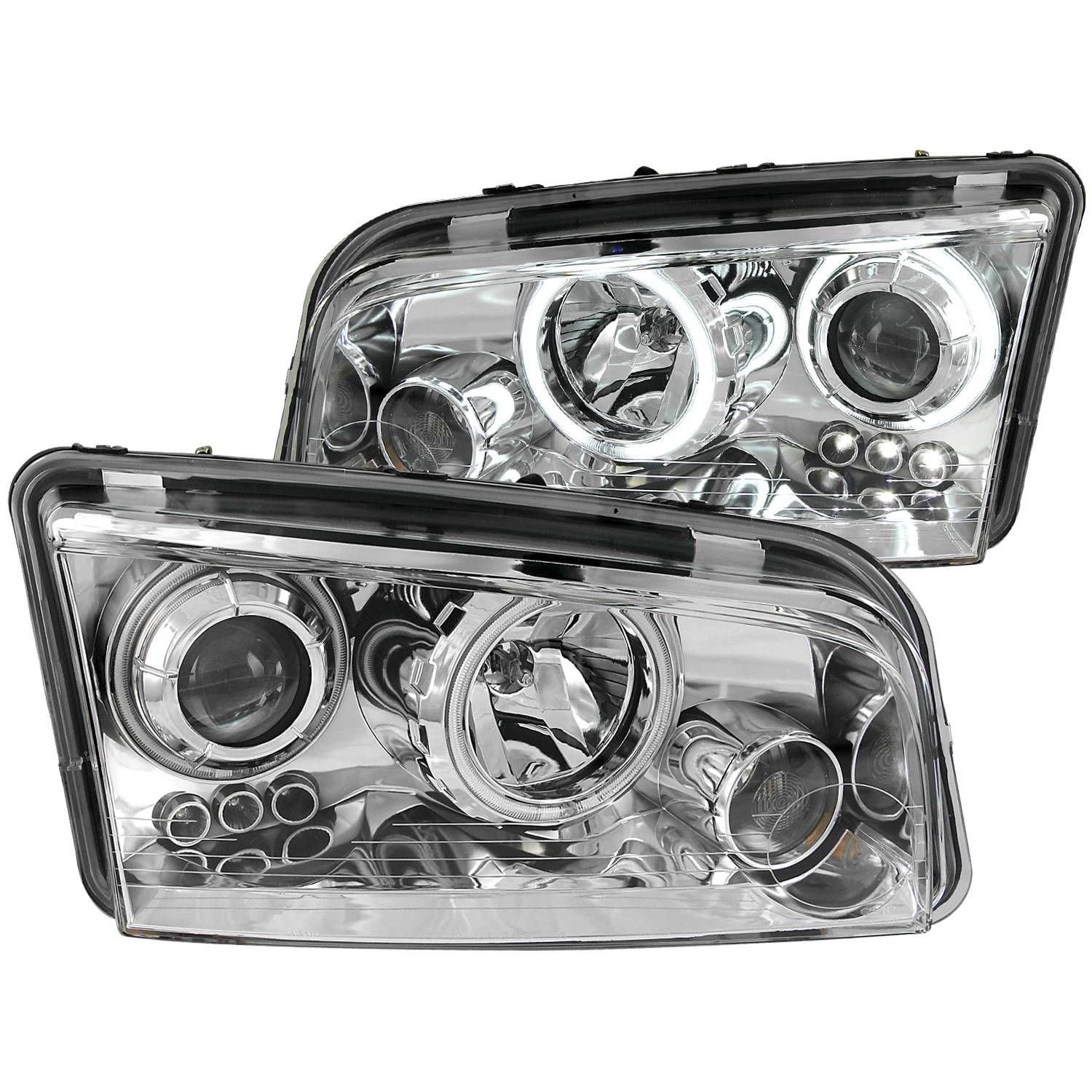 2006-2010 DODGE CHARGER PROJECTOR HEADLIGHTS CHROME HOUSING W/ LED HALO & LED ACCENT LIGHTS (FOR HALOGEN MODELS ONLY)