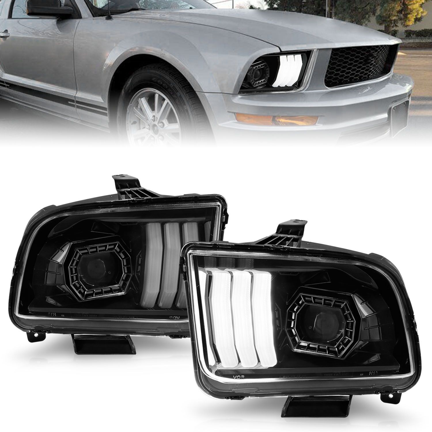 2005-2009 FORD MUSTANG PROJECTOR LIGHT BAR STYLE HEADLIGHTS BLACK