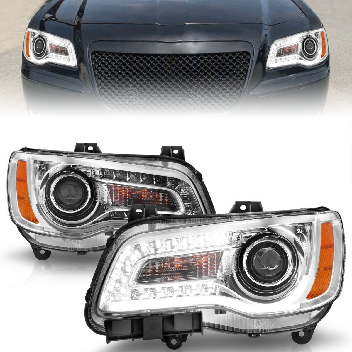 2011-2014 CHRYSLER 300 PROJECTOR HEADLIGHTS PLANK STYLE W/ CHROME HOUSING (FOR HALOGEN ONLY)