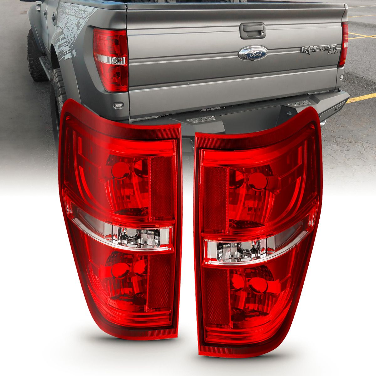 2009-2014 FORD F-150 TAIL LIGHTS CHROME RED/CLEAR LENS (W/O BULBS) (OE TYPE)