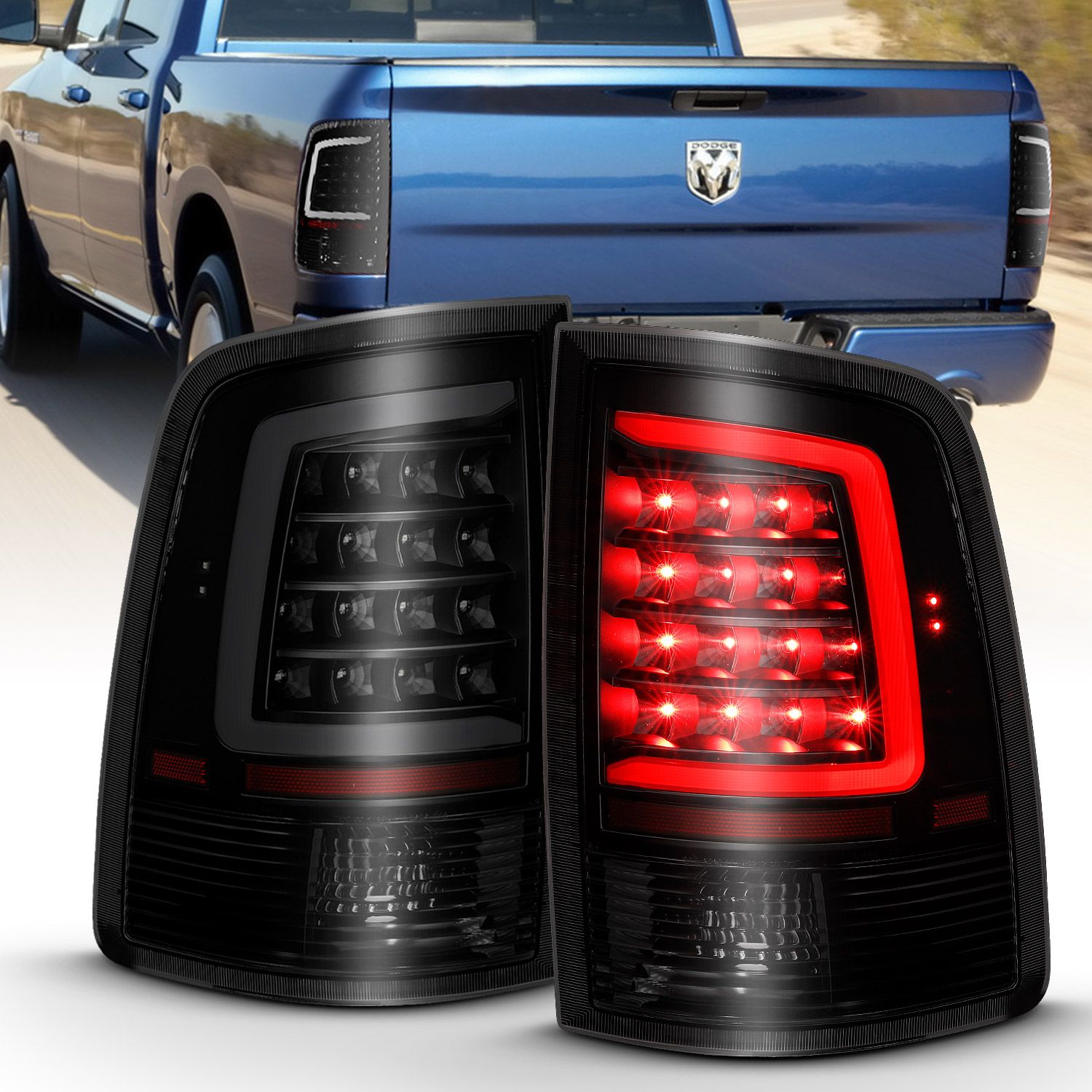 2009-2022 DODGE RAM 1500/ 2010-2018 2500/3500 LED TAIL LIGHTS CHROME CLEAR W/ C LIGHT BAR (NOT FOR MODELS WITH OE LED TAIL LIGHTS)
