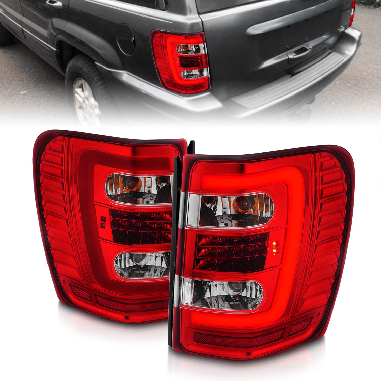 1999-2004 JEEP GRAND CHEROKEE LED TAIL LIGHTS RED CLEAR LENS W/ CHROME HOUSING C LIGHT BAR