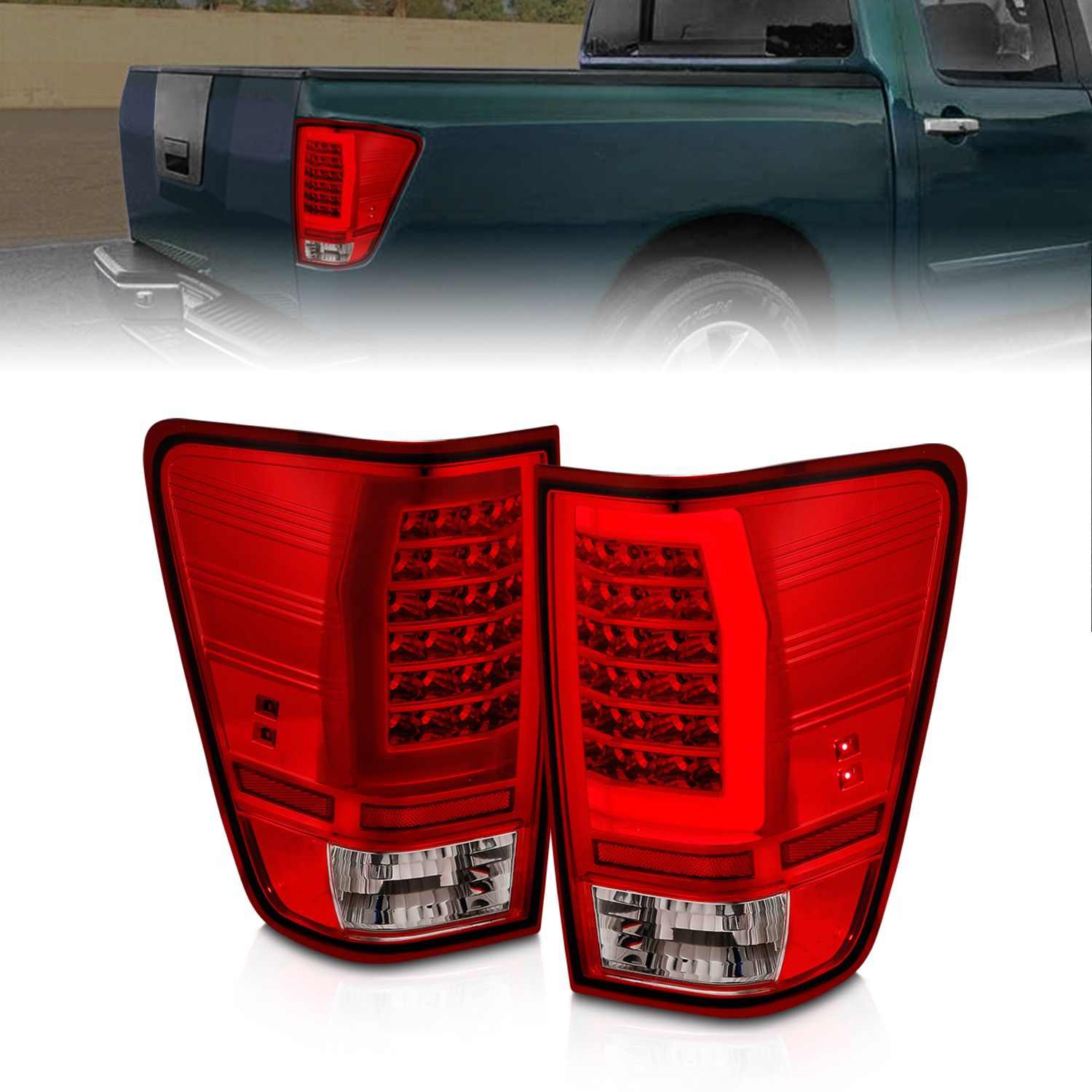 2004 -2015 NISSAN TITAN LED TAIL LIGHTS CHROME HOUSING RED/CLEAR LENS WITH C LIGHT BAR (W/O UTILITY COMPART)
