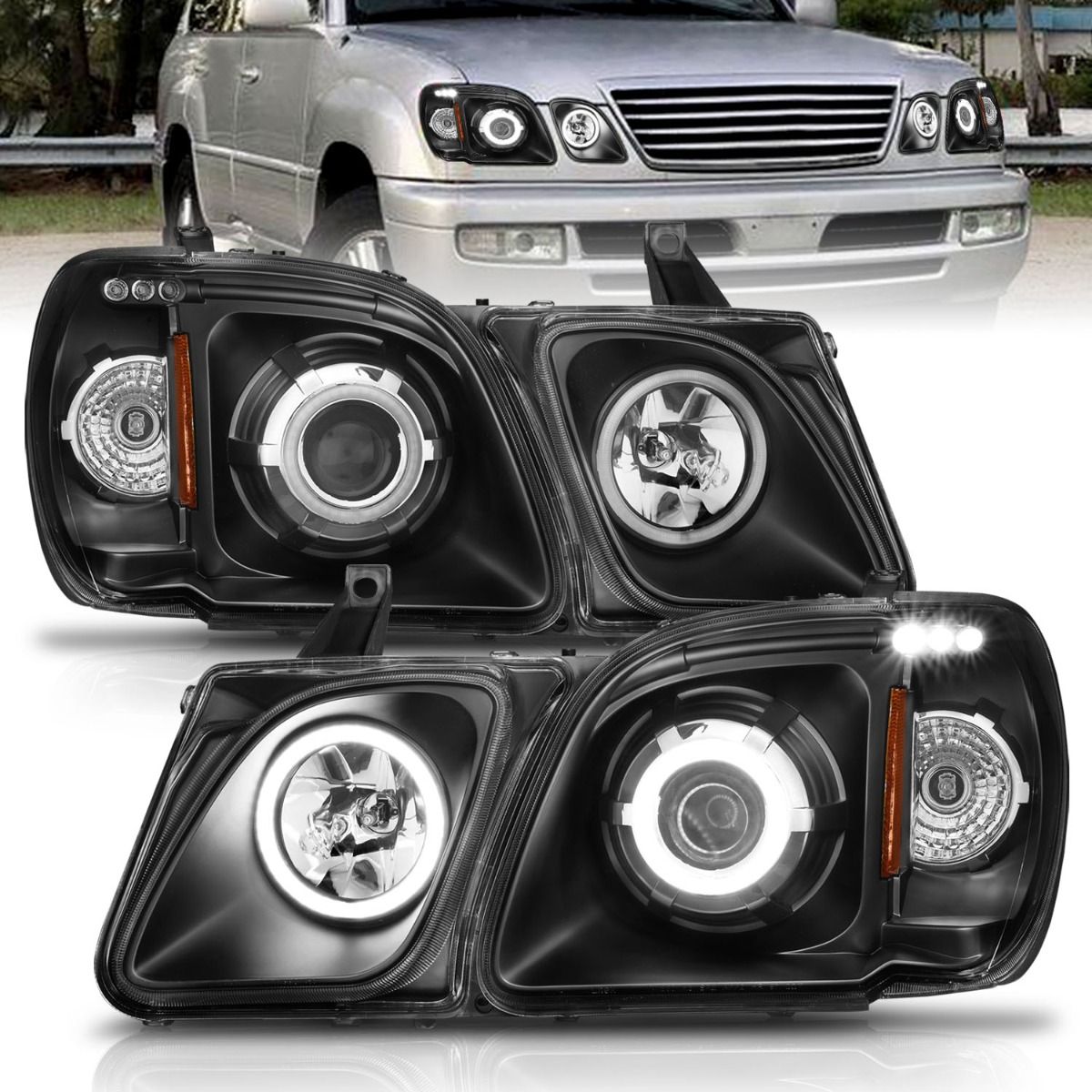 1998-2007 LEXUS LX470 PROJECTOR HEADLIGHTS BLACK CLEAR W/ RX HALO