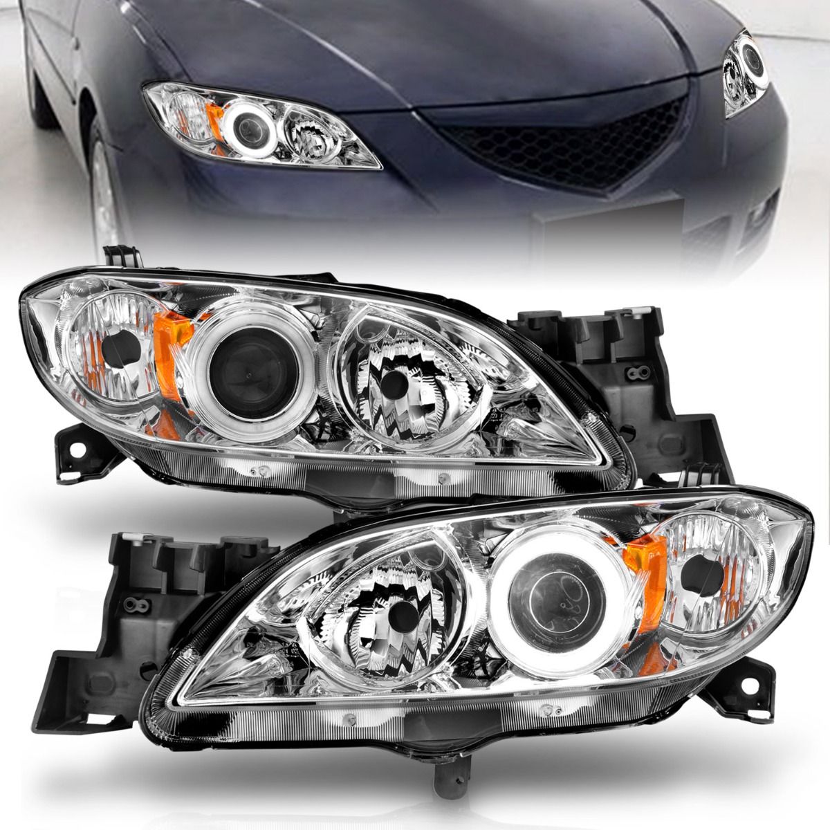 2004-2008 MAZDA 3 4DR PROJECTOR HEADLIGHTS CHROME W/ RX HALO