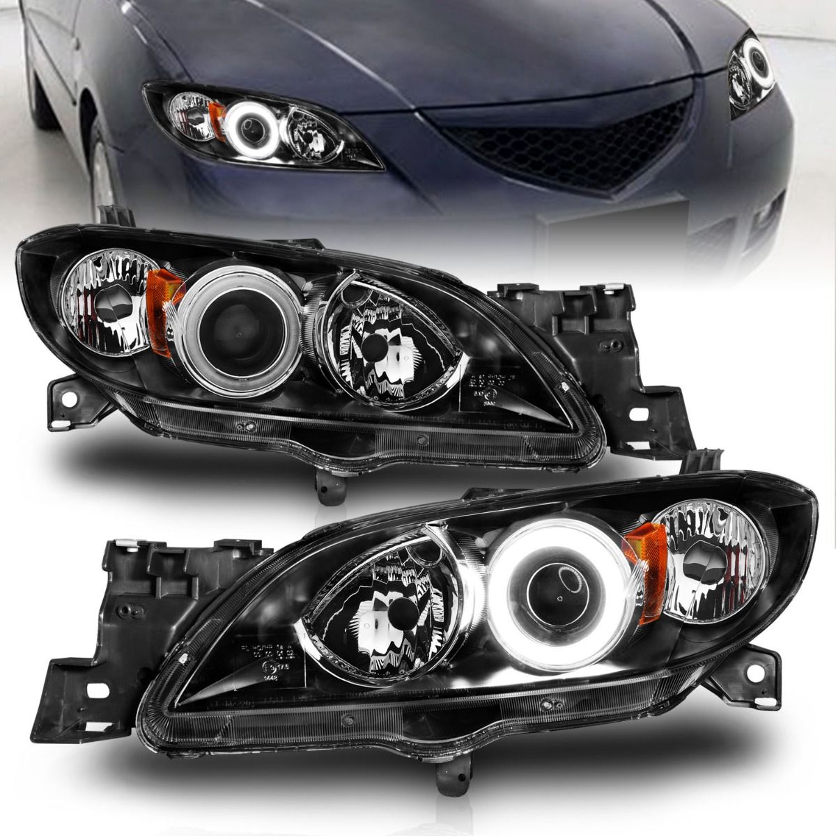 2004-2008 MAZDA 3 4DR PROJECTOR HEADLIGHTS BLACK W/ RX HALO